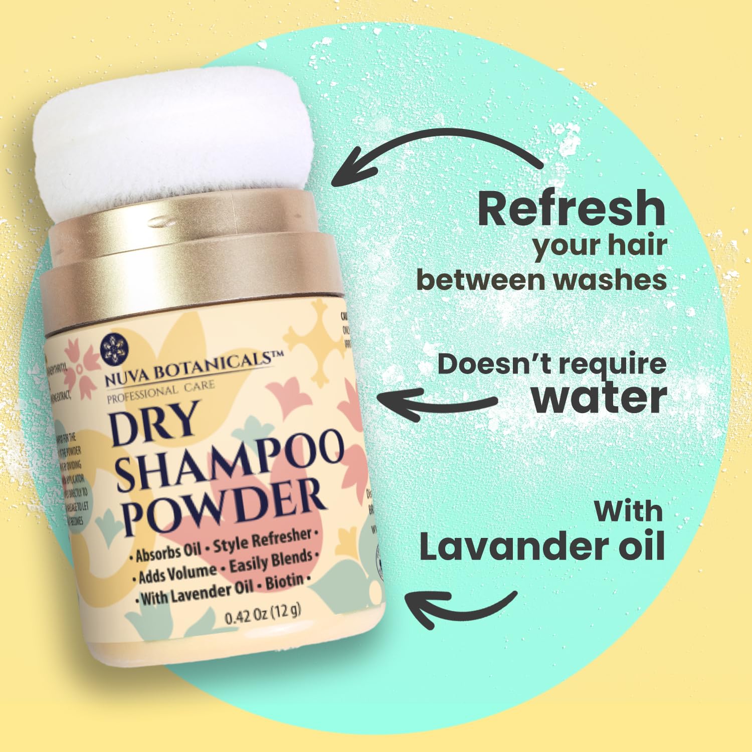 Nuva Botanicals Non Aerosol Dry Shampoo Powder with Biotin - Lavender Extract and Korean Ginseng - Volumizing Travel Size (0.42 oz)