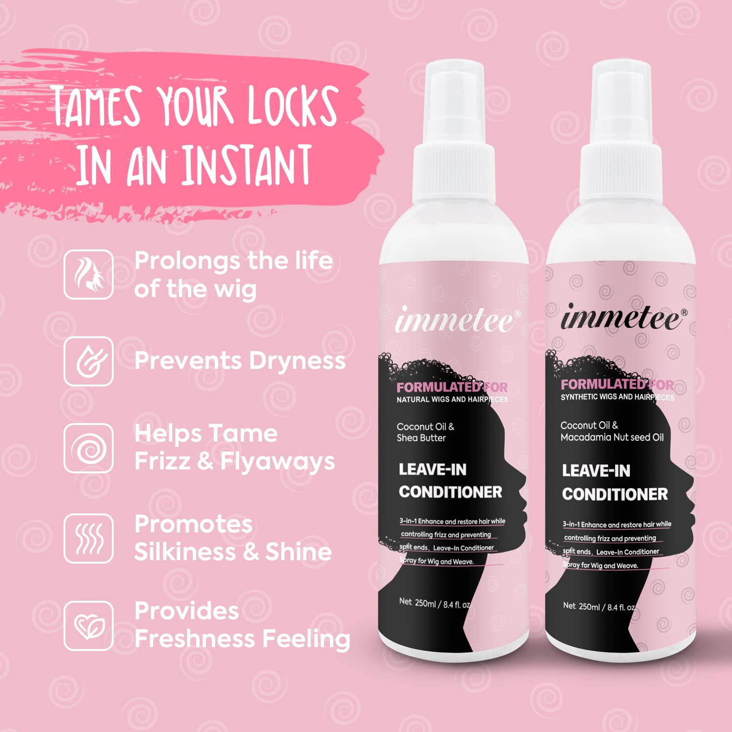 immetee Wig Spray, Wig Leave-In Hair Conditioner Spray, Wig Moisturing & Hydrating Detangler Hair Spray for Wig Care Accessories. 250Ml/8.4Fl. Oz(Formulated for Synthetic Wigs)