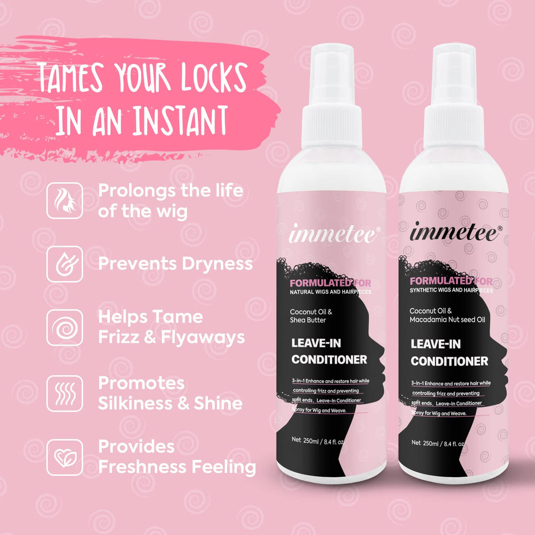 immetee Wig Spray, Wig Leave-In Hair Conditioner Spray, Wig Moisturing & Hydrating Detangler Hair Spray for Wig Care Accessories. 250Ml/8.4Fl. Oz(Formulated for Synthetic Wigs)