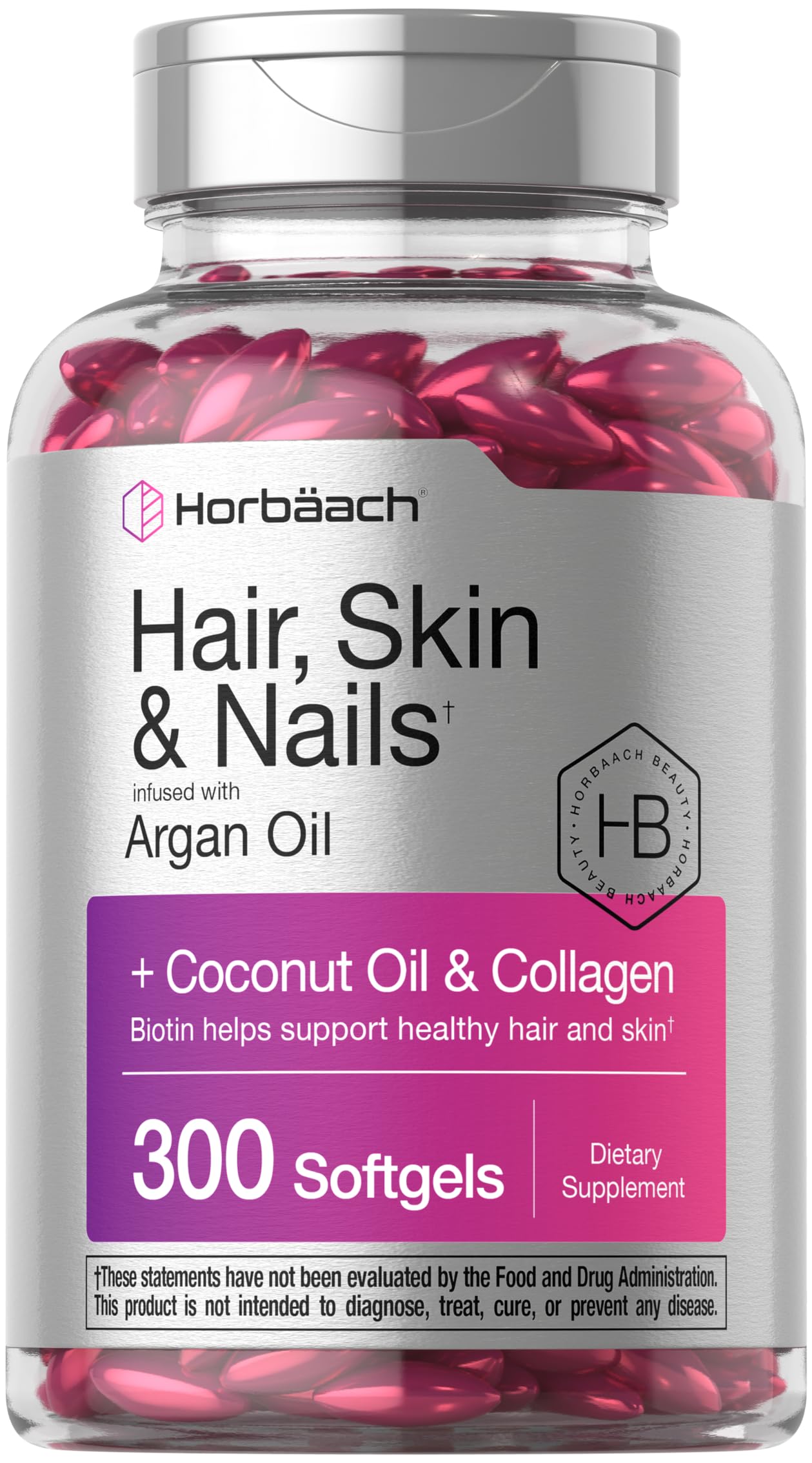 Horbäach Hair Skin and Nails Vitamins | 300 Softgels | with Biotin and Collagen | Infused with Argan Oil and Coconut Oil | Non-GMO, Gluten Free Supplement