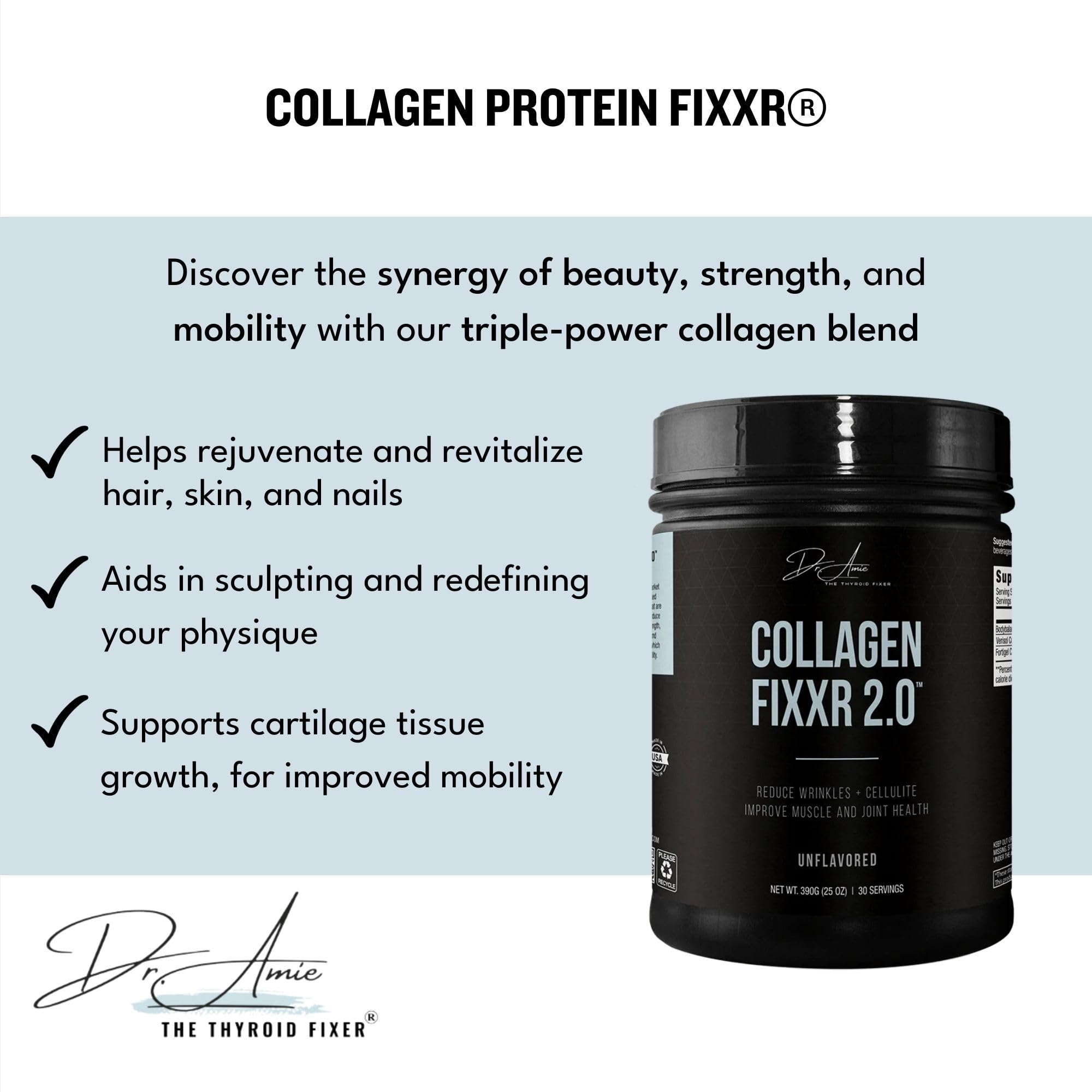Fixxr Collagen 2.0 by Dr. Amie | with 3 Bioactive Collagen Peptides | Unflavored | 30 Servings