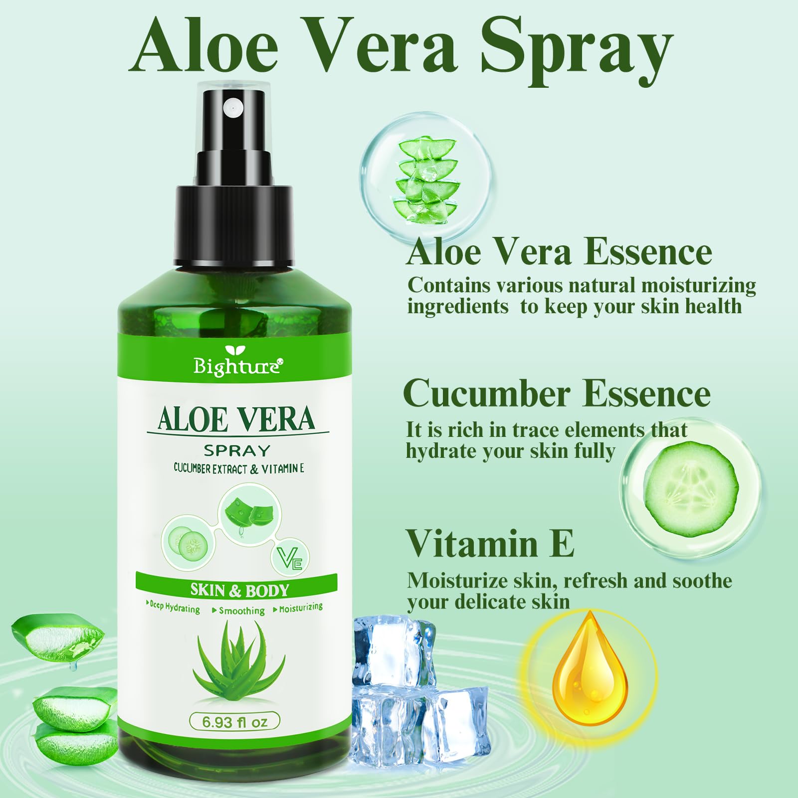 BIGHTURE Aloe Vera Spray from Freshly Cut Pure Aloe, Aloe Vera Spray for Skin& Hair, Aloe Vera Spray for Sunburn Relief, 6.93oz, Absorbs Rapidly, Infused wirh Cucumber Essence