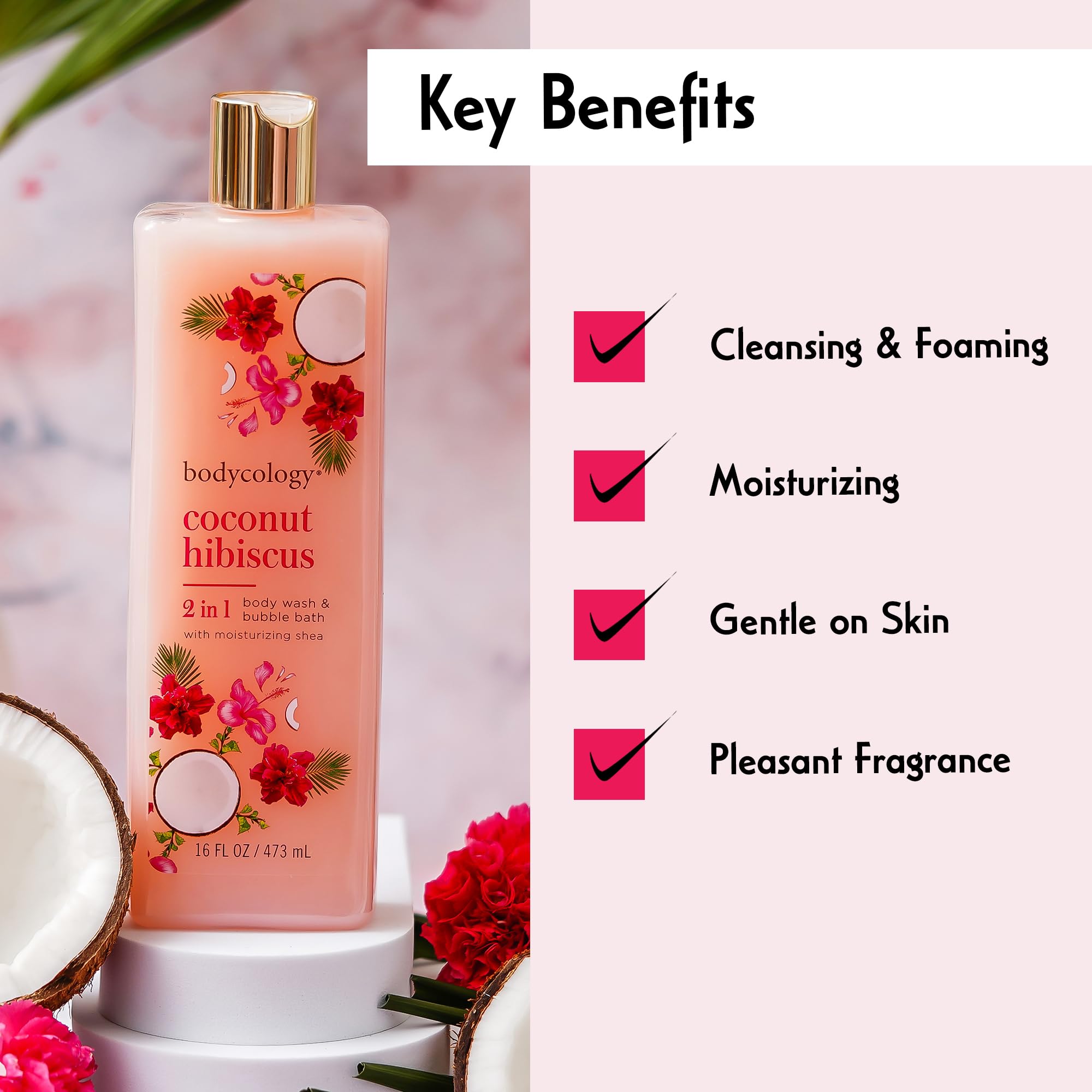Bodycology Coconut Hibiscus 2 in 1 Body Wash & Bubble Bath | Gentle Cleansing, Nourishes the Skin, Long-Lasting Fragrance | Paraben & Phthalete Free, Cruelty Free - 473 ml (Pack of 1)