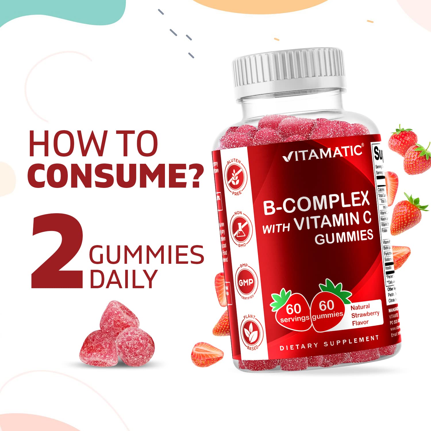 Vitamatic Vitamin B Complex Gummies with Vitamin C & Inositol - Natural Strawberry Flavor - 60 Gummies (1 Bottle)