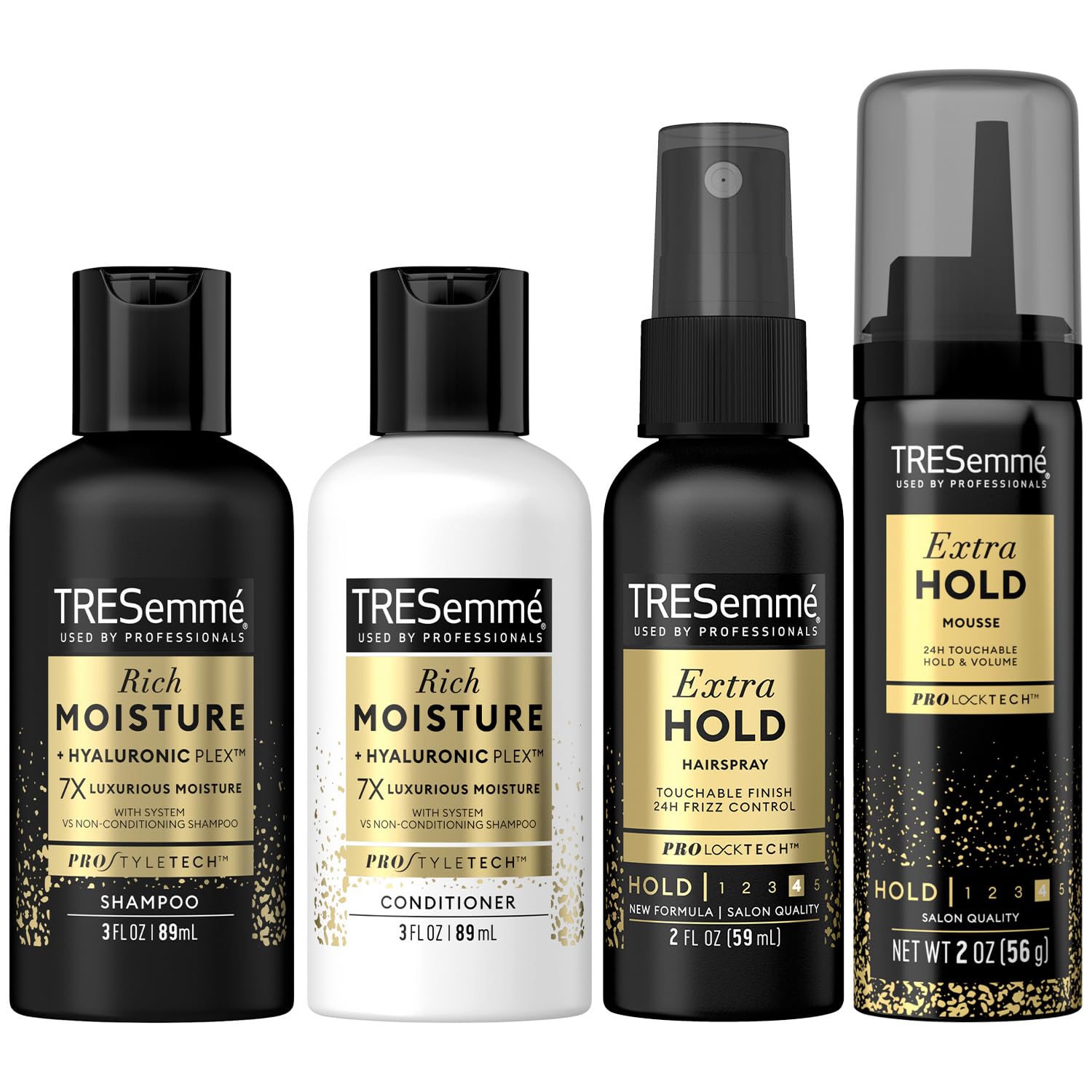 TRESemmé Travel Shampoo, Conditioner, Hairspray & Hair Mousse – Rich Moisture Hair Products + Non-Aerosol Hair Spray & Alcohol-Free Mousse, 24H Frizz Control (4 Piece Set)