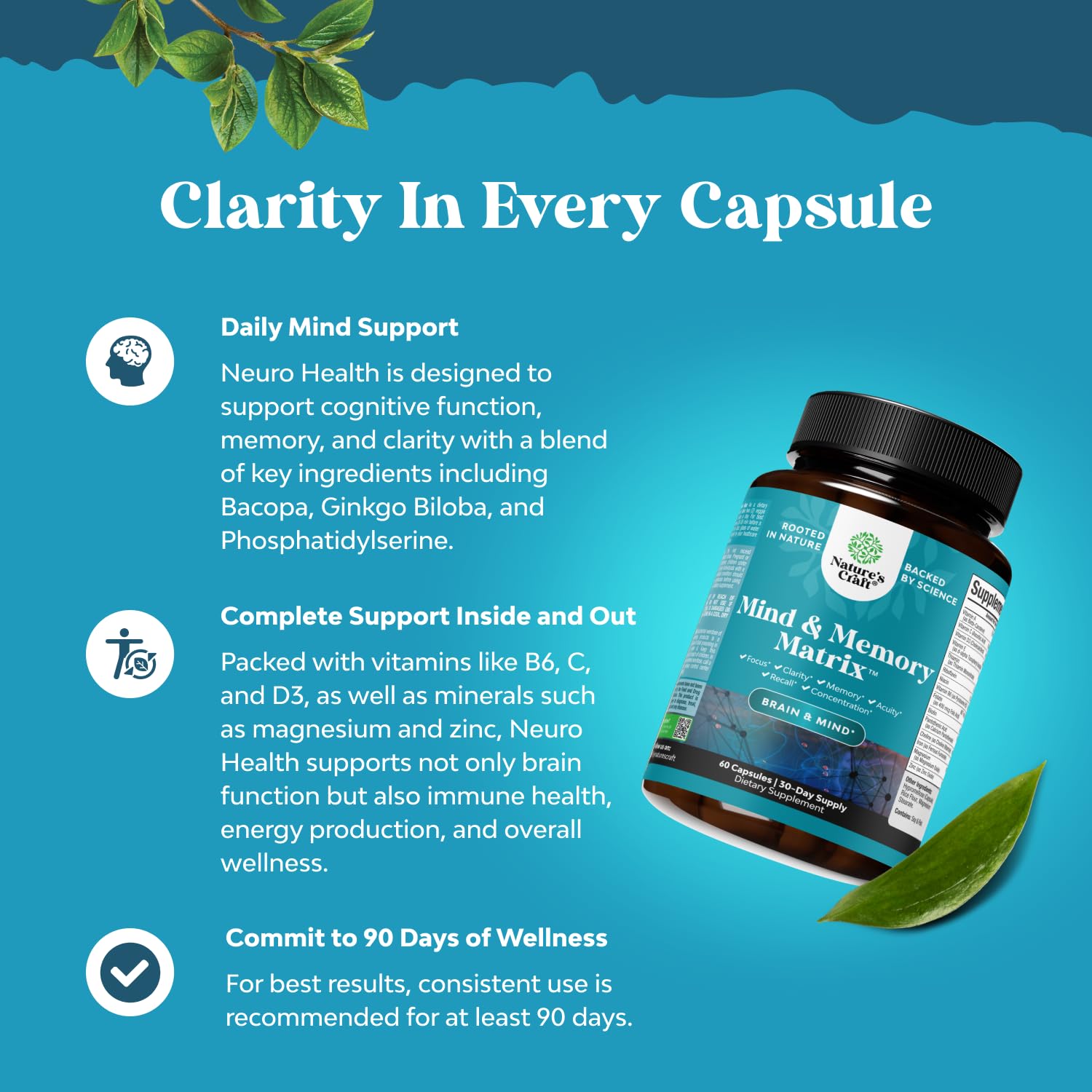 Advanced Nootropics Brain Support Supplement - Synergetic Mental Energy and Focus Supplement with Brain Vitamins for Cognitive Enhancement - Mind and Memory Supplement for Brain Health (30 Servings)