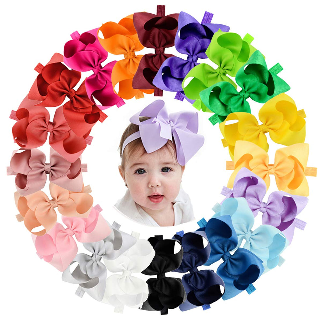 jollybows 20pcs Baby Girls Grosgrain Ribbon Hair Bows Headbands 6 Elastic Hair Band Hair Accessories for Infants Newborn (Multicoloured 6“ Bows Elastic Headband)