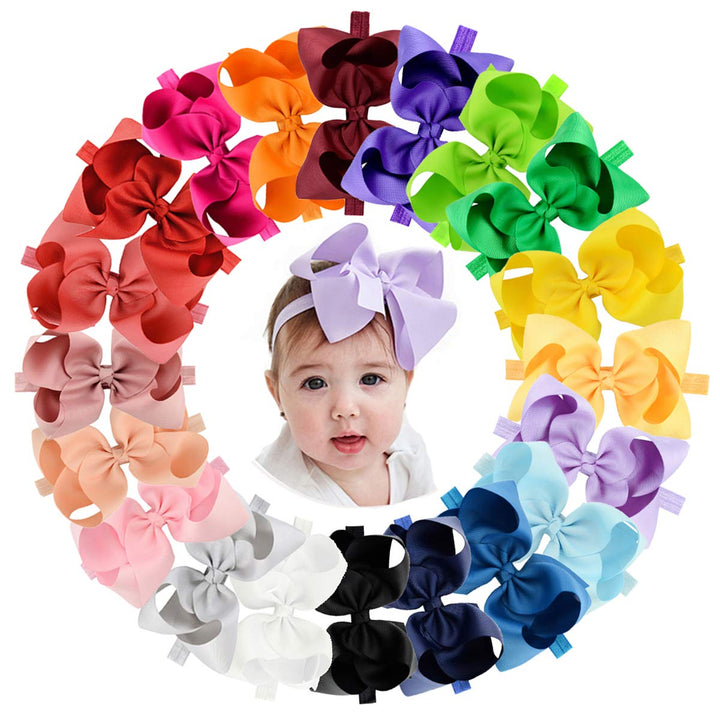 jollybows 20pcs Baby Girls Grosgrain Ribbon Hair Bows Headbands 6 Elastic Hair Band Hair Accessories for Infants Newborn (Multicoloured 6“ Bows Elastic Headband)