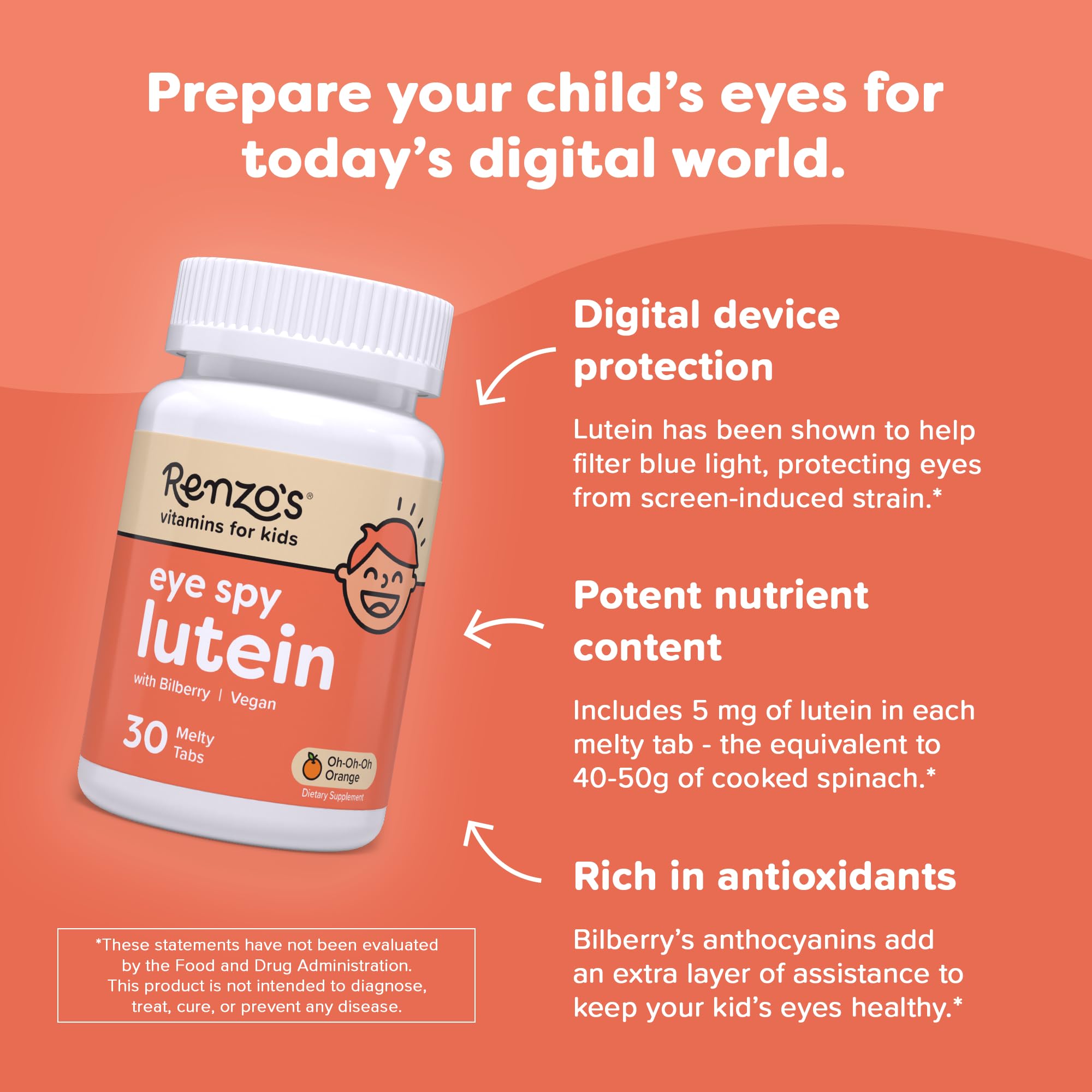 Renzo's Eye Spy Lutein with Bilberry Extract, Dissolvable Kids Vitamins for Eye Health, Sugar-Free Supplements, 30 Orange-Flavored Melty Tabs