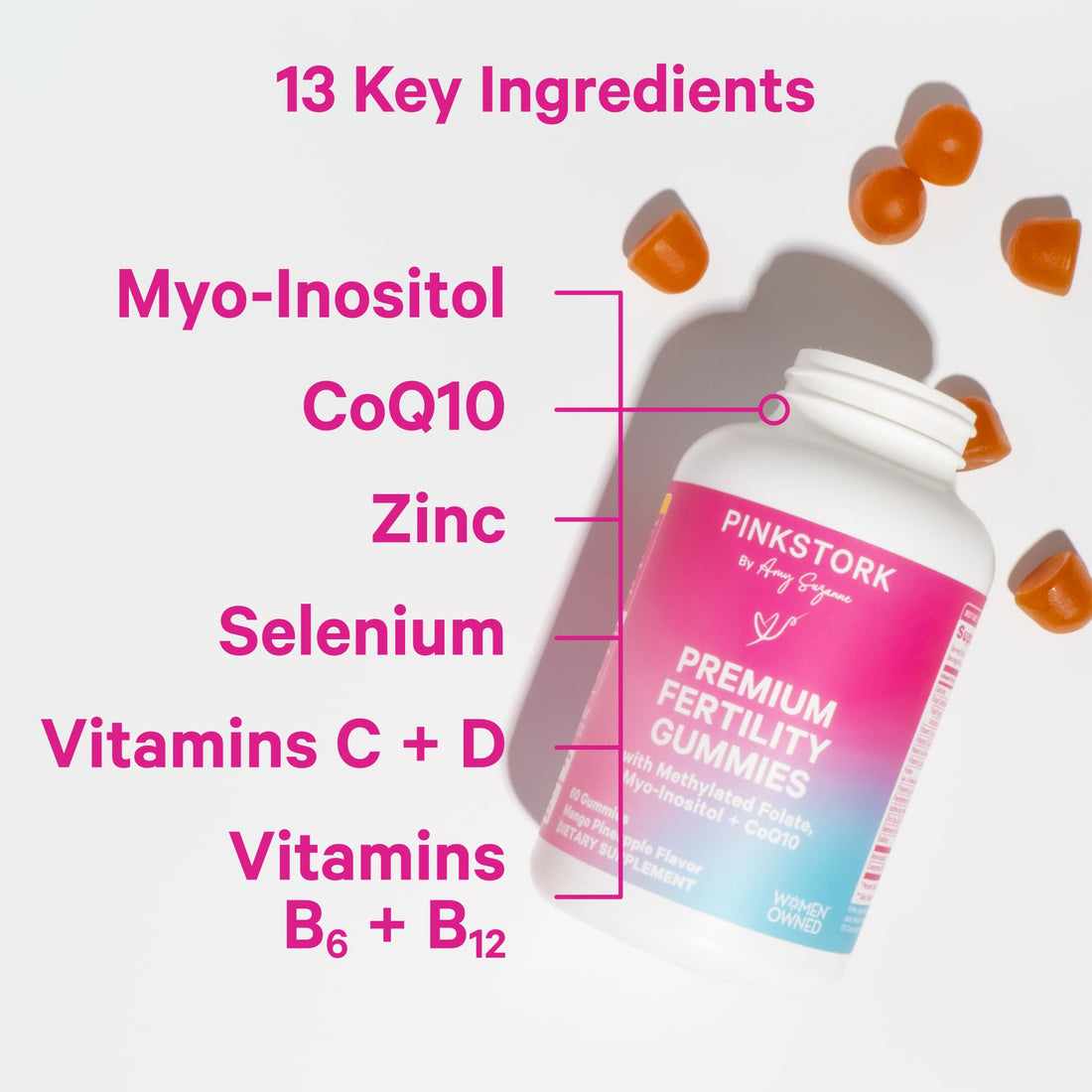 Pink Stork Premium Fertility Gummies for Women - Prenatal Conception Supplements for Her with Inositol, CoQ10, Folate and Vitamins to Support Hormone Balance, Ovulation + Menstrual Cycle, 60 Gummies