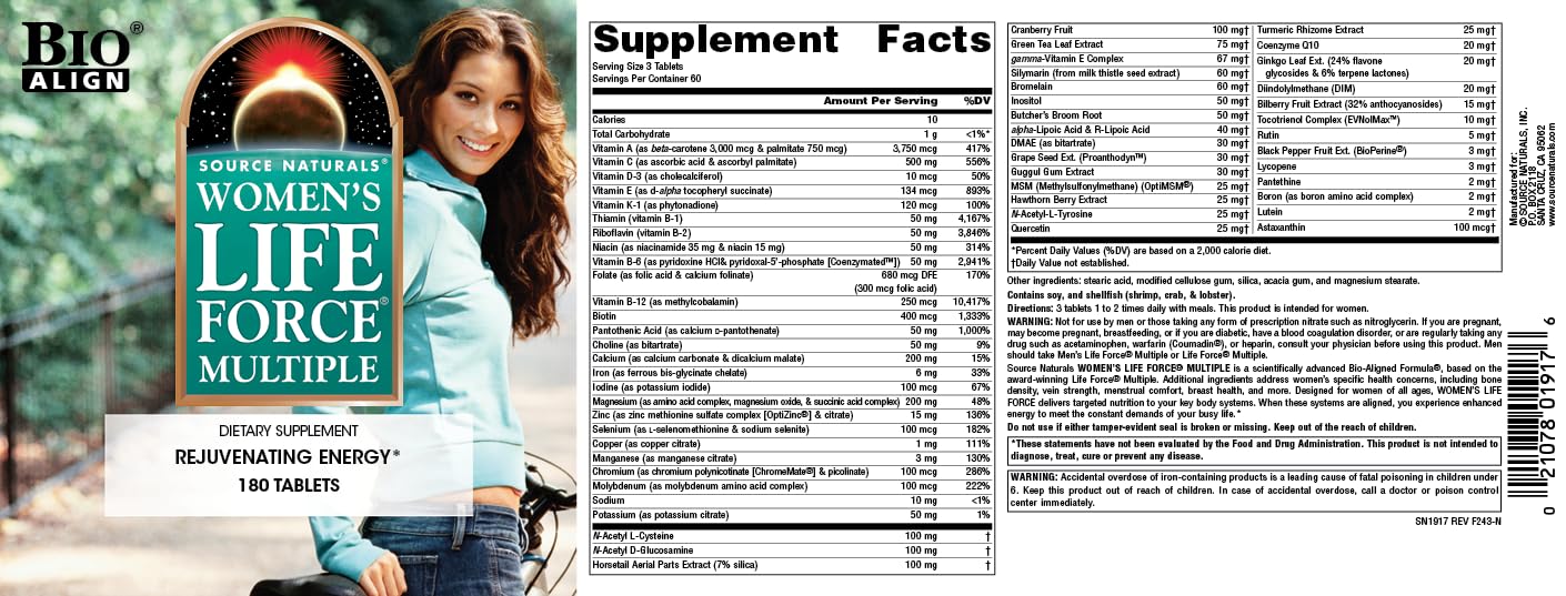 Source Naturals Women's Life Force Multiple, Daily Multivitamin & Immune Health, Rejuvenating Energy* Supplement - 180 Tablets