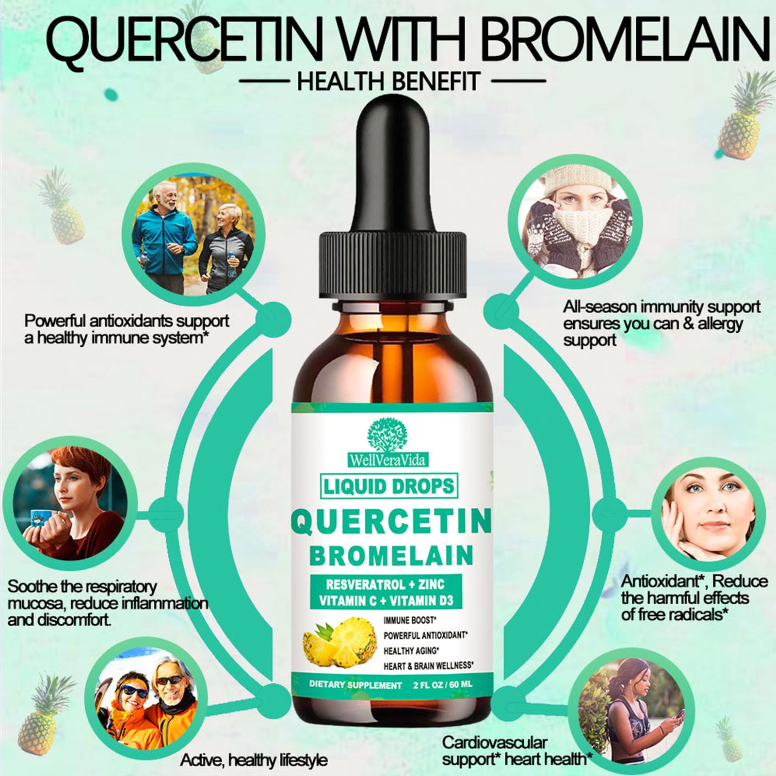 Quercetin with Bromelain Liquid Drops, 4X Stronger Than Capsules & Pills, 7-in-1 Organic Zinc Quercetin 1000mg with Bromelain 500mg Vitamin C D3 Immune Support for Respiratory Health & Antioxidant