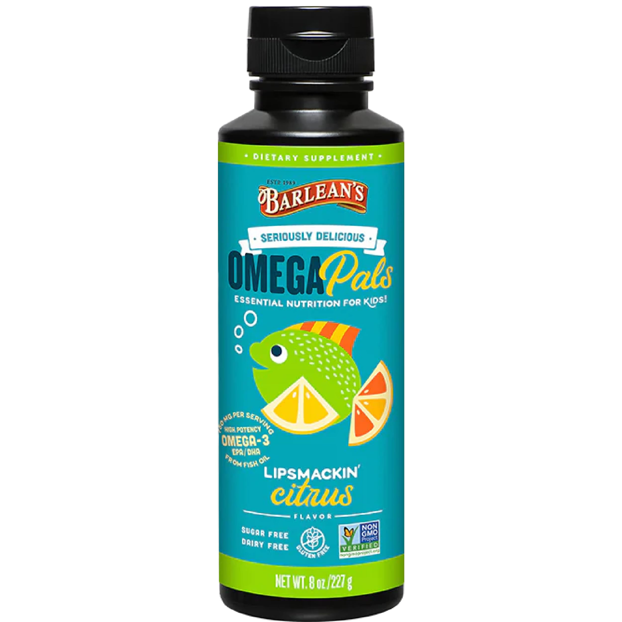 Barlean's Omega Pals Lipsmackin' Citrus Flavored Omega-3 for Kids, Yummy Children's Liquid Fish Oil Supplement with 750 mg of EPA & DHA for Brain & Eye Health, 8 oz