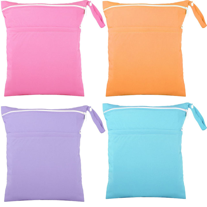 Shappy 4 Pcs Wet Dry Bag for Baby Cloth Diapers Waterproof Wet Bag Washable Travel Reusable with 2 Pocket for Travel Beach Pool(Blue, Purple, Pink, Orange)