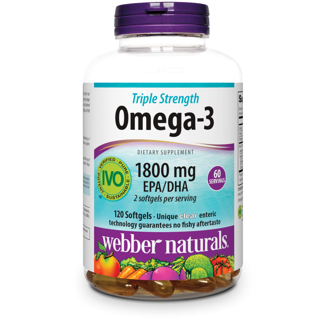 Webber Naturals Triple Strength Omega-3 Fish Oil, 1,800 mg Omega-3 (1,200 mg EPA / 600 mg DHA) per Serving, 120 Clear Enteric Softgels, No Fishy Aftertaste, for Heart, and Brain Health