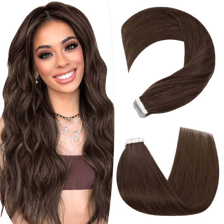 Tape In Human hair Extension Skin Weft Real Hair Extensions Glue In Remy Hairpieces Adhensive Rooted Tape In Strong Double Sided Tape On Hair Pieces For Women 14 inch 40g 20pcs #04 Medium Brown