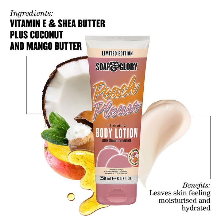 Soap & Glory Peach Please Body Lotion - Peach Blossom Body Lotion for Dry Skin - Formulated with Coconut and Almond Oil, Vitamin E, Shea Butter and Green Tea Extract (250ml)