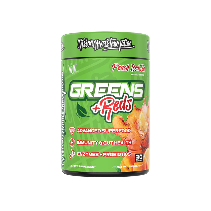 VMI Sports Greens + Reds Advanced Superfood Immunity and Gut Health | Enzymes & Probiotics | 30 Servings (Peach Iced Tea)