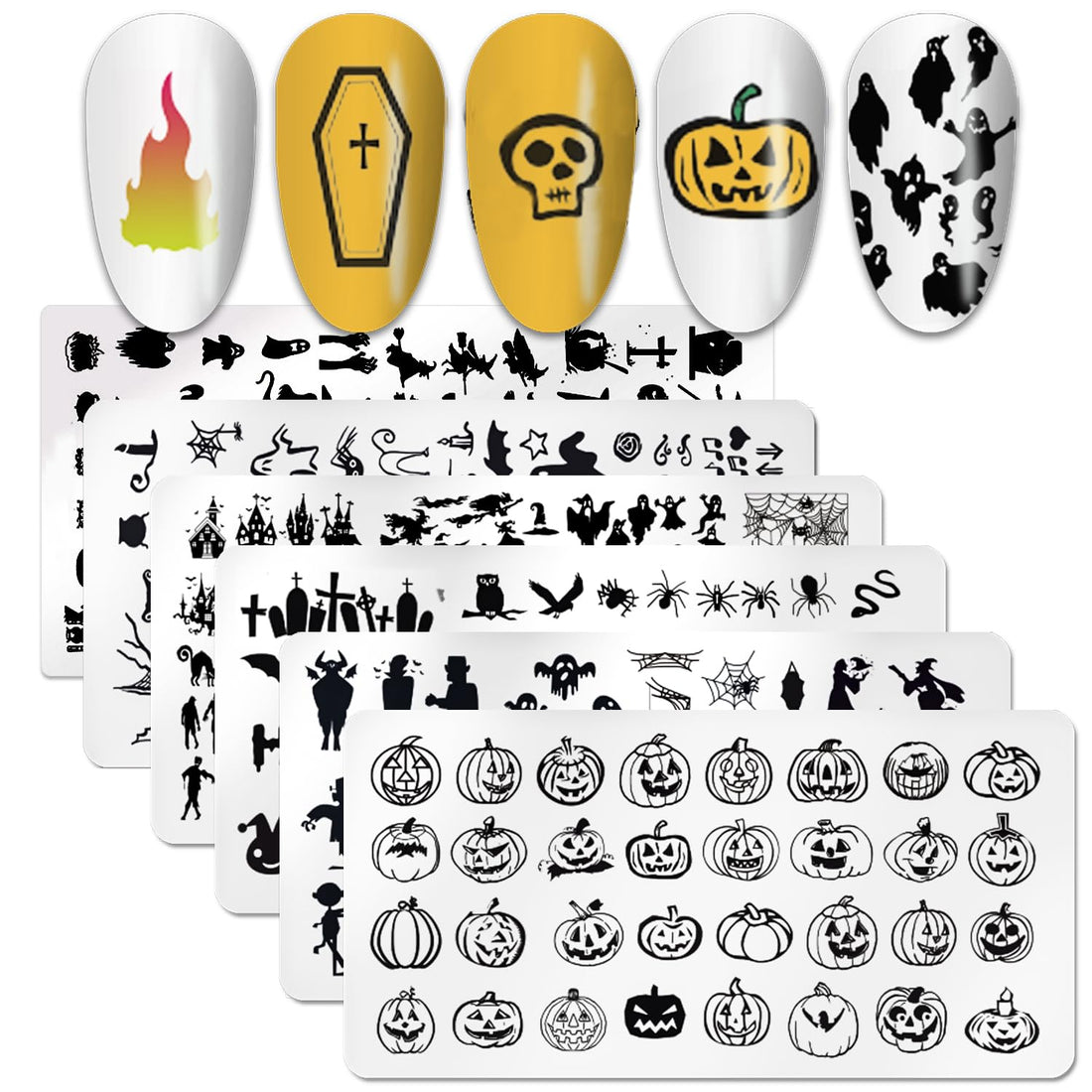 SILPECWEE 6pcs Nail Stamping Plate Halloween Pumpkin Bats Flame Nail Stamp Nail Stencils Stamping Plates For Nails DIY Nail Accessories
