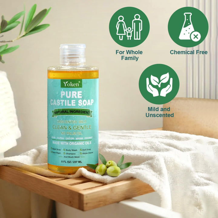 Yoken Pure Castile Liquid Soap Organic (EWG Verified, Unscented, 8 OZ), Made with Organic Oils, No Added Fragrance, Vegan, Castile Soap Liquid for Face, Laundry, Dishes, Sensitive Skin, Travel Soap