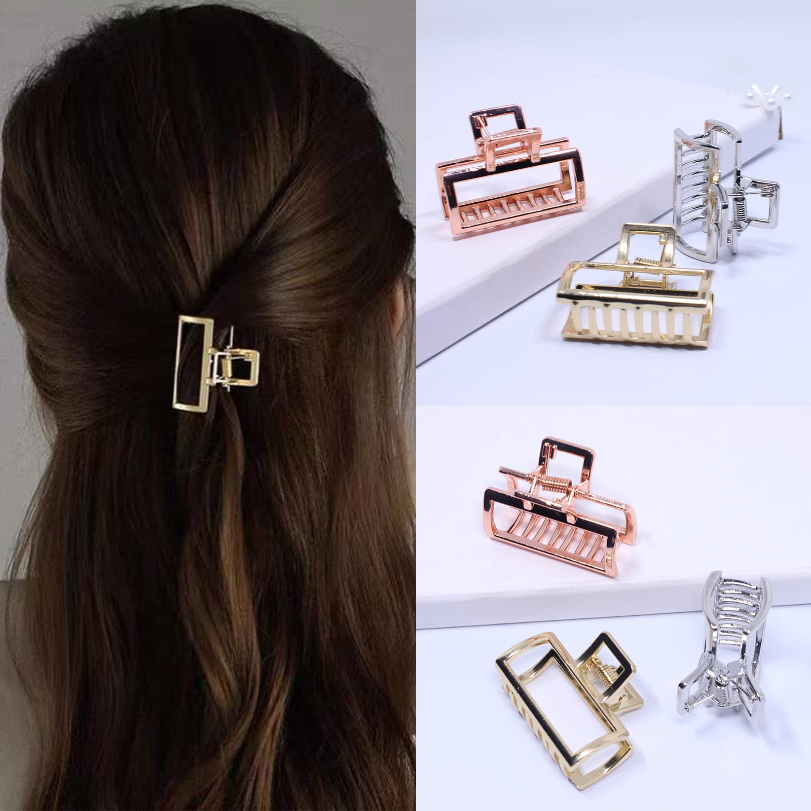 VinBee Small Claw Clips - 3 PACK, Strong Grip Hair Clips for Women, Small Metal Claw Hair Clips for Thick Hair, 1.1 * 1.57 inches (Silver + Gold + Rose Gold)
