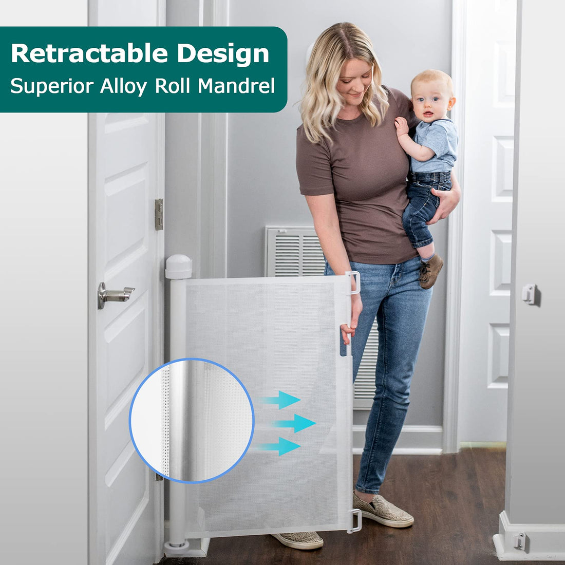 YOOFOR Retractable Baby Gate, Extra Wide Safety Kids or Pets Gate, 33” Tall, Extends to 71” Wide, Mesh Safety Dog Gate for Stairs, Indoor, Outdoor, Doorways, Hallways (White, 33x71)