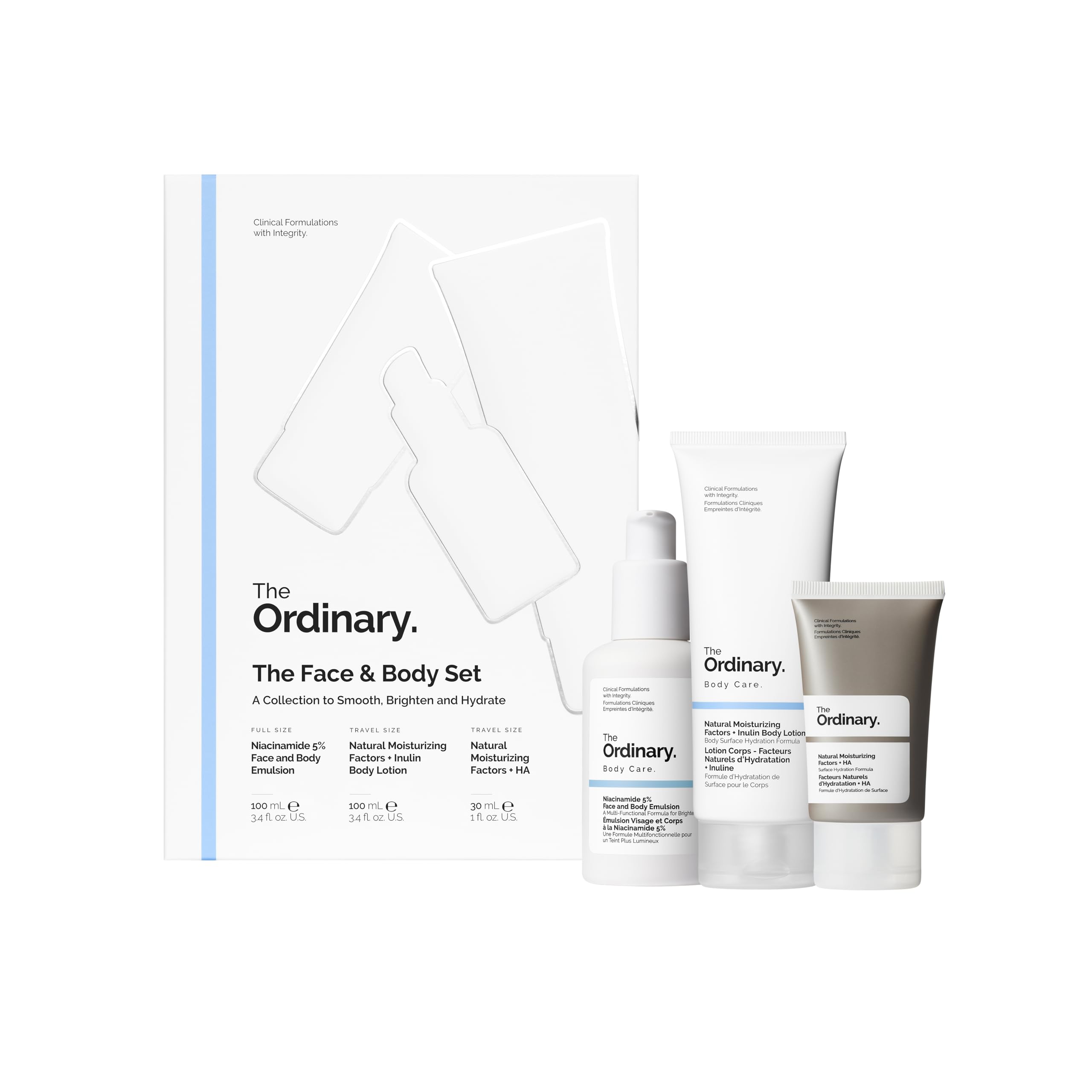 The Ordinary Face & Body Set Daily Skincare Routine with Niacinamide 5% Face & Body Emulsion, Natural Moisturizing Factors + Inulin Body Lotion, and Natural Moisturizing Factors + Hyaluronic Acid