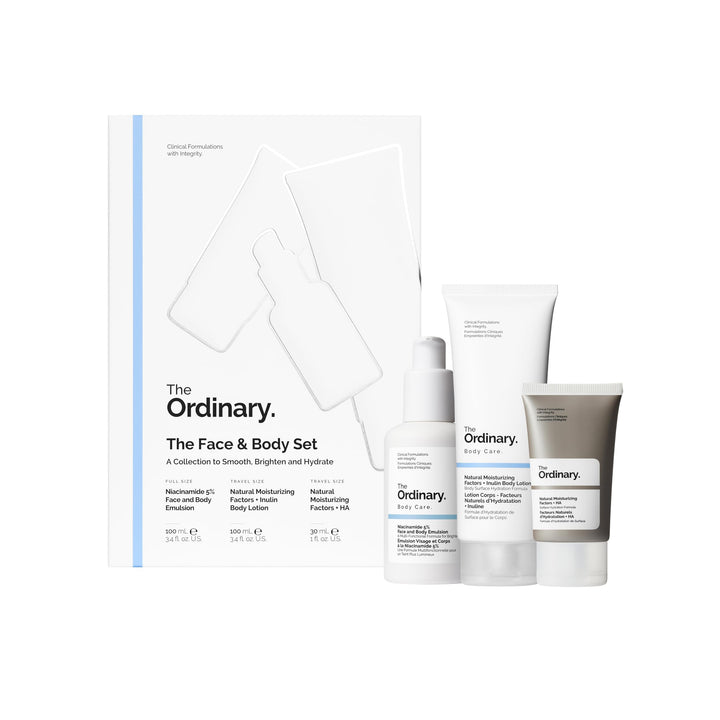 The Ordinary Face & Body Set Daily Skincare Routine with Niacinamide 5% Face & Body Emulsion, Natural Moisturizing Factors + Inulin Body Lotion, and Natural Moisturizing Factors + Hyaluronic Acid