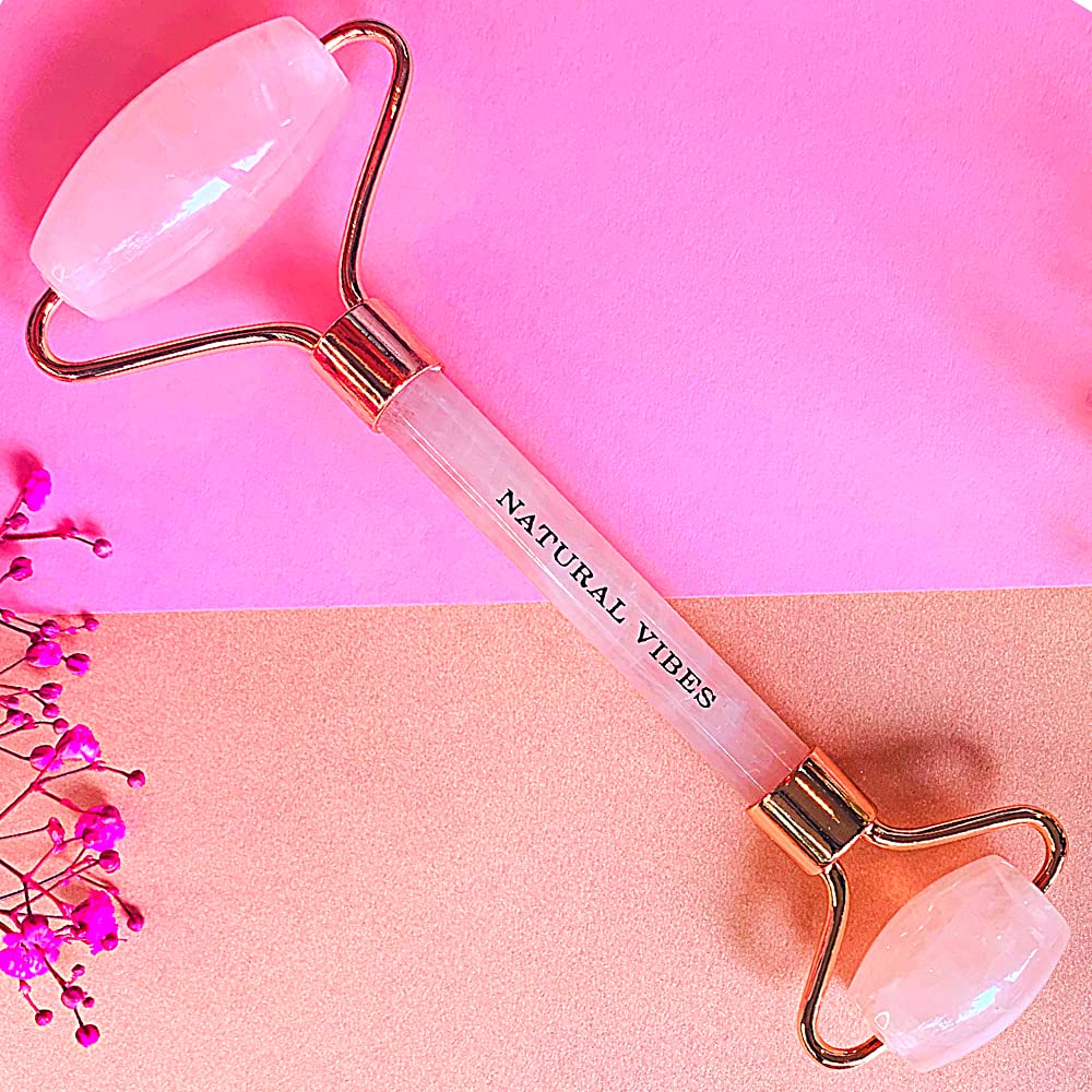 Natural Vibes Rose Quartz Face Yoga Roller with FREE Gold Beauty Elixir Oil |Removes Face Fat & Double Chin | Reduces Puffiness | Uplifts & Tightens Skin | Adds Glow and Brightness |100% Pure Stone