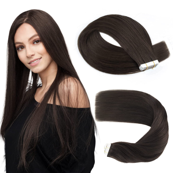 Sassina PU Tape In Hair Extensions Double Sided Skin Wefts Remy Human Hair Extensions Seamless Glue In Tape 20Pcs 50g/set (1B# 14) : 14 inch, Off Black