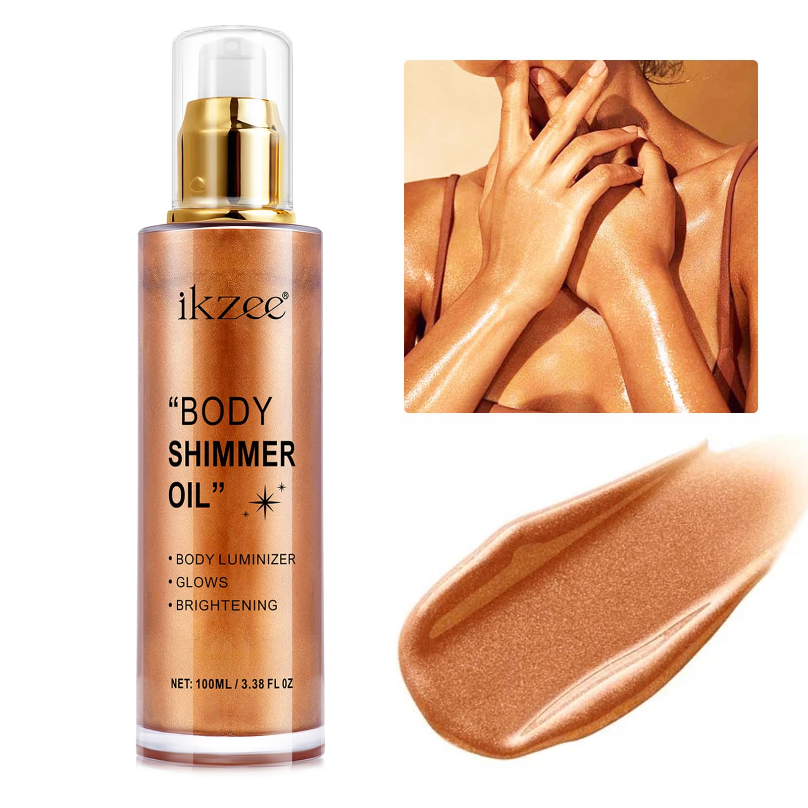 Body Shimmer Oil 100ml, Moisturizing Long Lasting Body Luminizer Face Brighten, Waterproof Liquid Illuminator Body Glow, Shimmer Body Glitter Oil Highlighter Summer Taning Makeup (#04 Golden Brown)