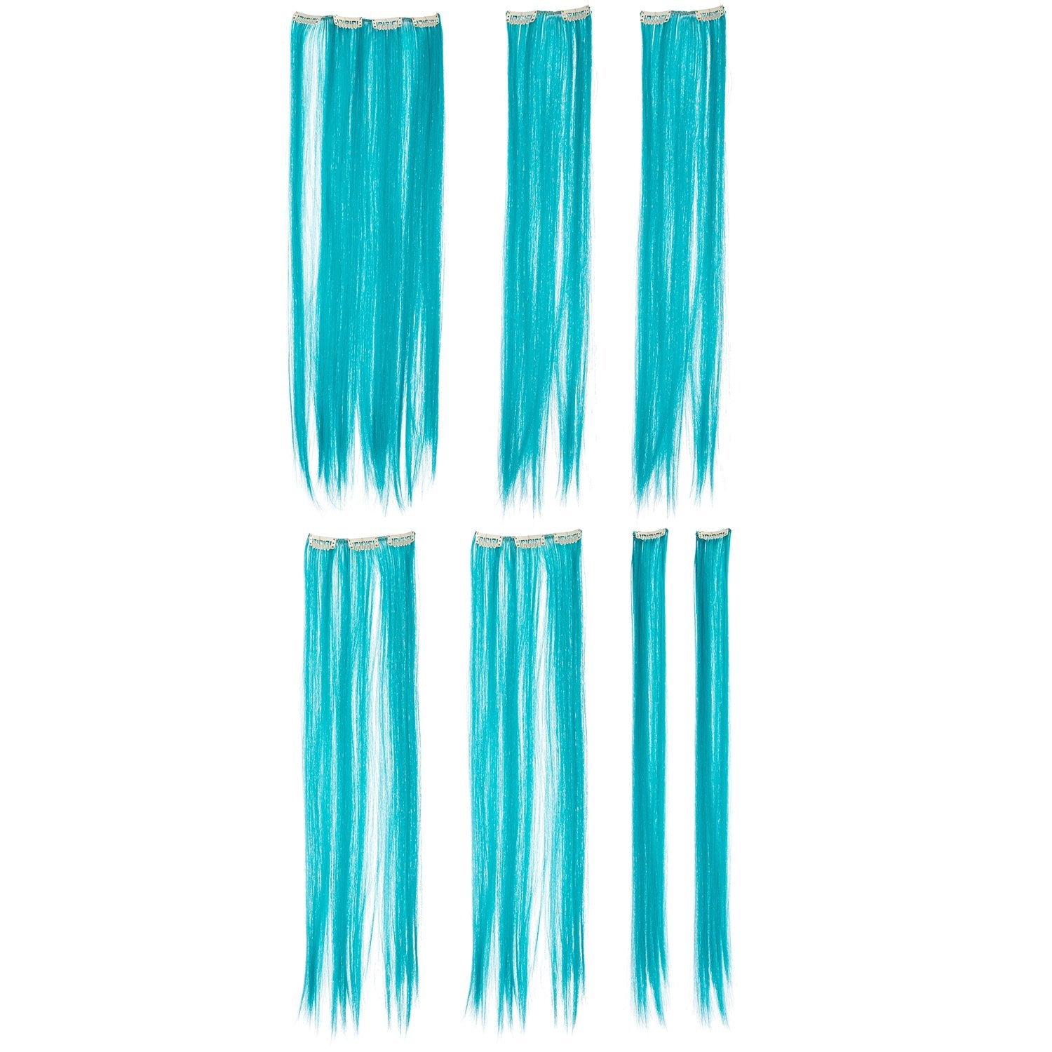 22-Inch Straight , Teal Blue : SWACC 7 Pcs Full Head Party Highlights Clip on in Hair Extensions Colored Hair Streak Synthetic Hairpieces (22-Inch Straight, Teal Blue)