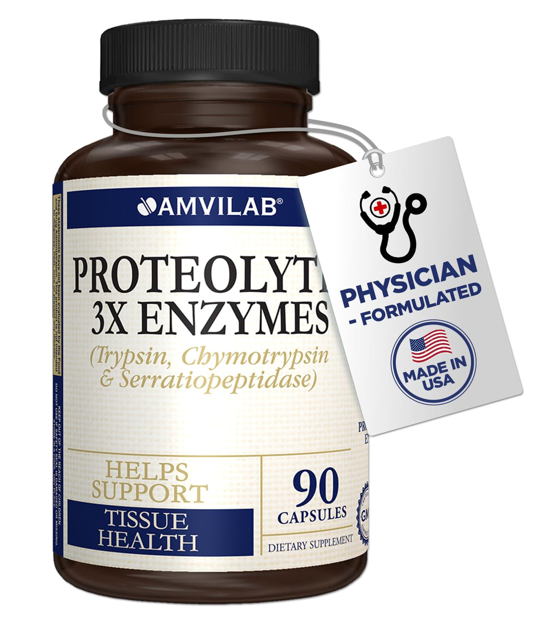 AMVILAB - Proteolytic Enzymes 3X - Trypsin, Chymotrypsin & Serrapeptidase - Reduces Edema & Inflammation from Tissue Injury - Supports Body Wellness & Recovery - Dietary Supplement - 90 Capsules