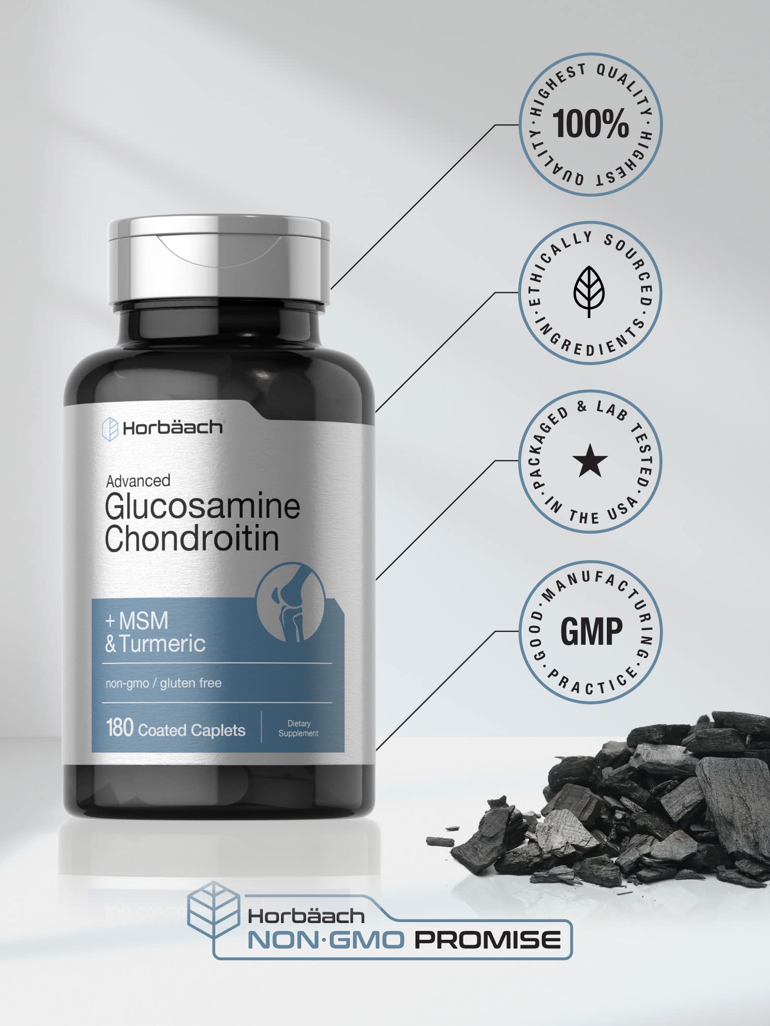 Horbäach Glucosamine Chondroitin | Plus MSM & Turmeric | 180 Coated Caplets | Non-GMO, Gluten Free Supplement