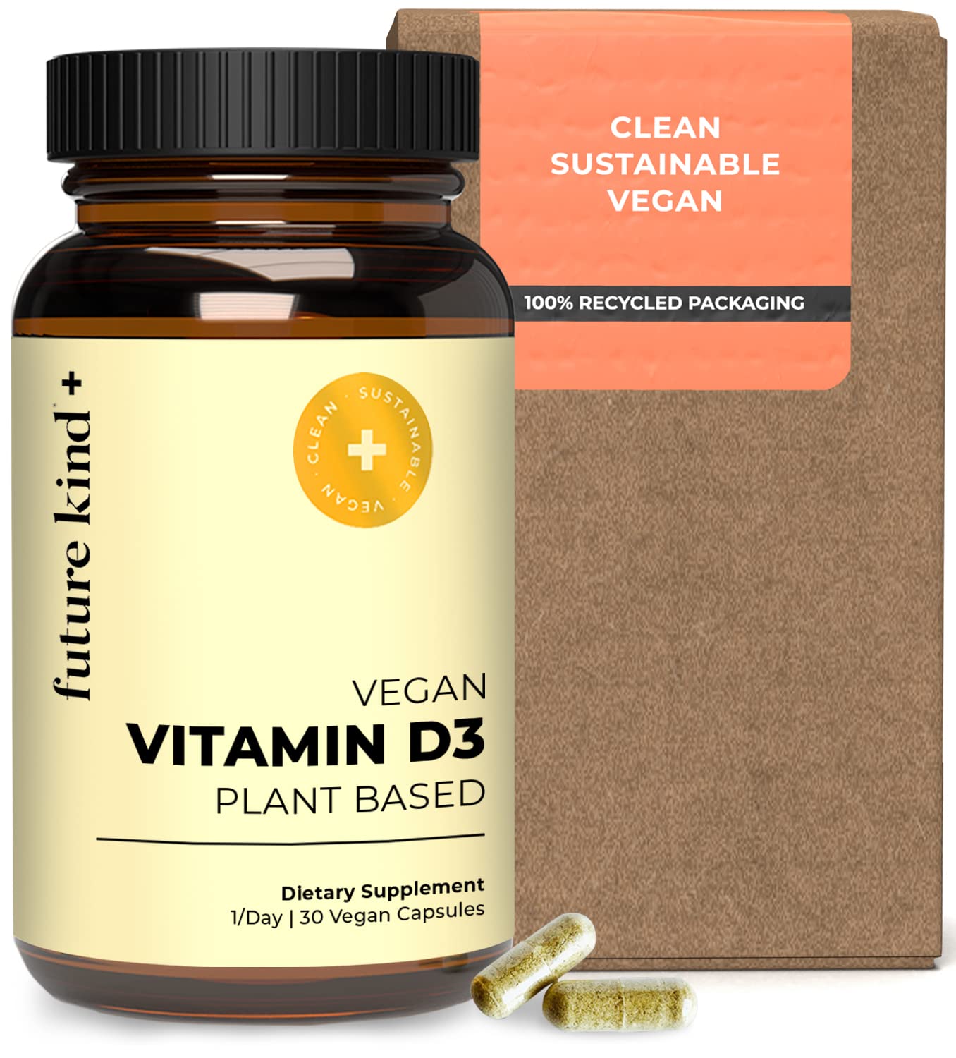 Future Kind Vegan Vitamin D3-2500 IU Plant-Based Supplement for Cell & Immune Support - Sugar-Free, Lichen-Based Vitamin D (30 Softgels in Glass Bottle)