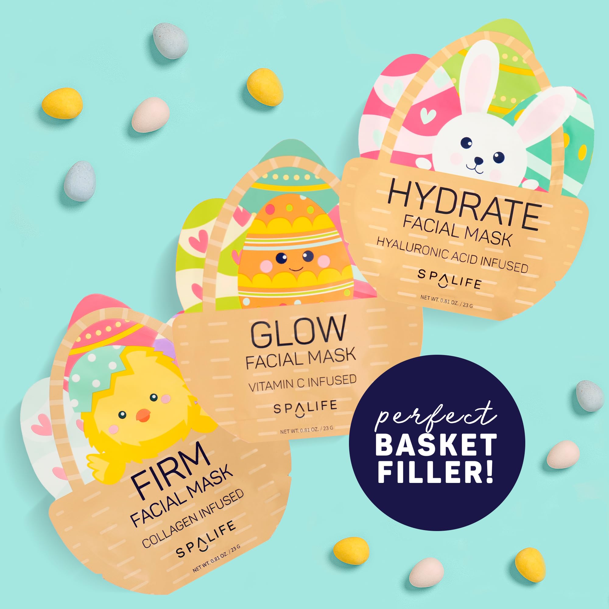 SpaLife Spring & Easter Facial Masks (9Pack) - Hyaluronic Acid, Collagen, Vitamin C Infused - Reduces Dark Circles, Hydrates, Firms Skin - Skin Care Masks for Puffiness, Fine Lines & Wrinkles