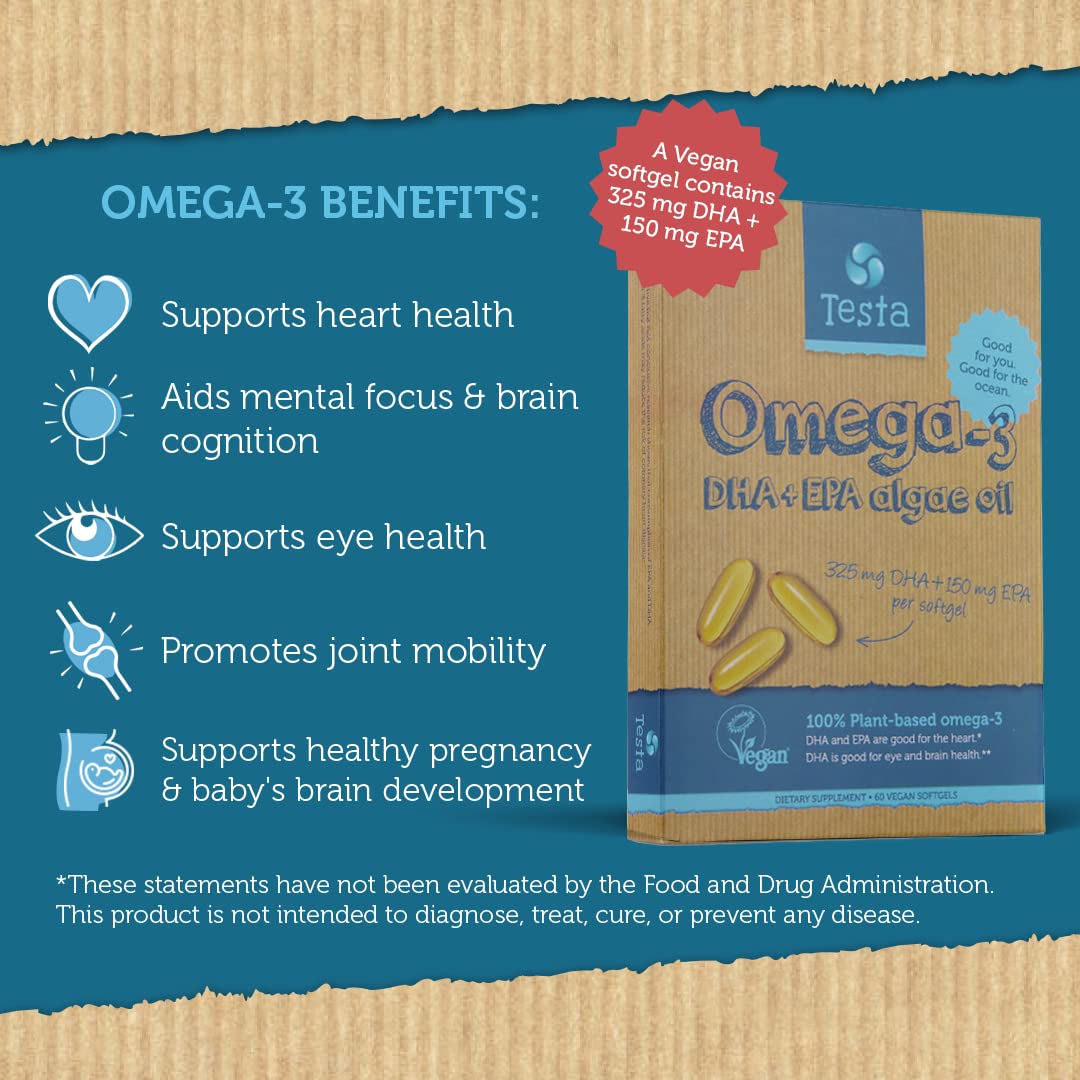 Testa Omega-3 Supplement - Vegan Based Omega 3 DHA EPA Capsules from Algae - Omega 3 Fatty acids - Supports Heart, Brain & Joint Health - Plastic Negative, RTG, and Kosher - Two Months Supply