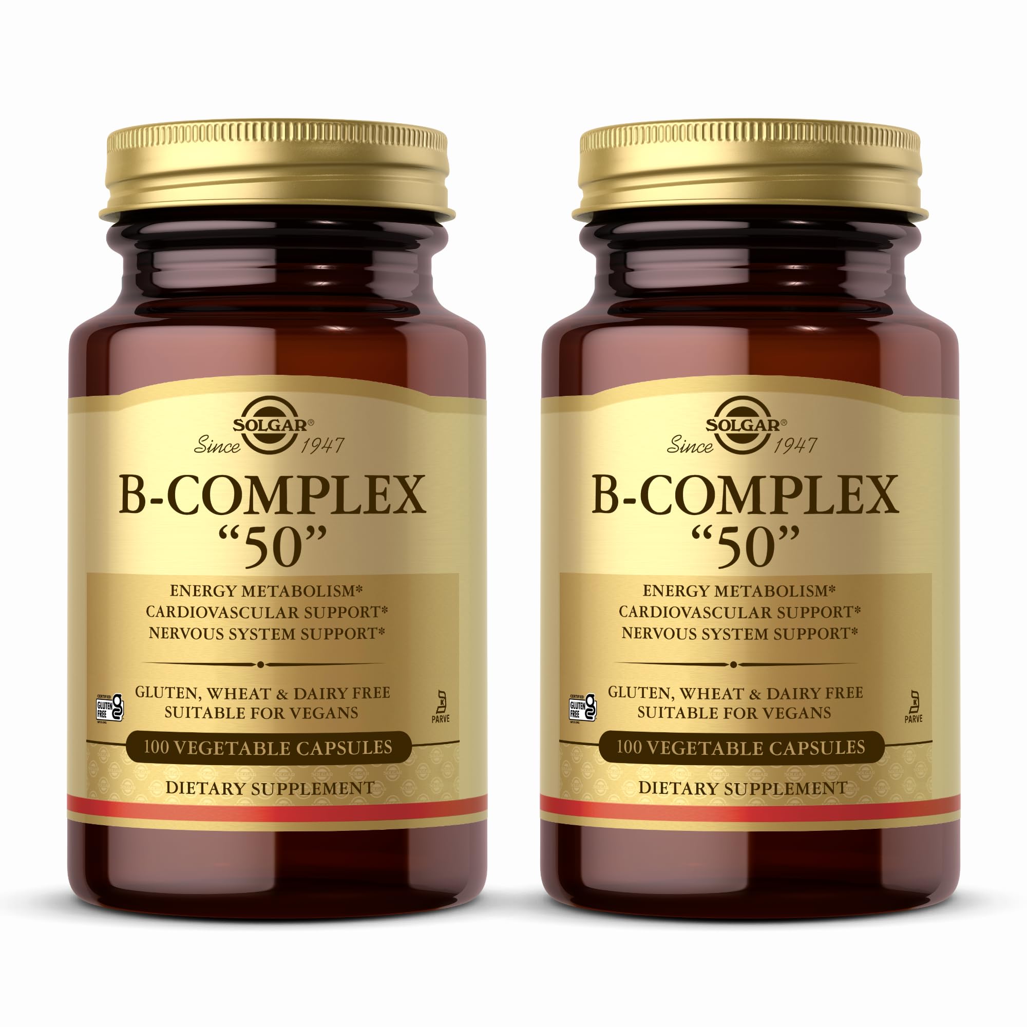 Solgar B-Complex “50” - 100 Vegetable Capsules, Pack of 2 - Energy Metabolism & Nervous System Support - Non-GMO, Vegan, Gluten Free - 200 Total Servings