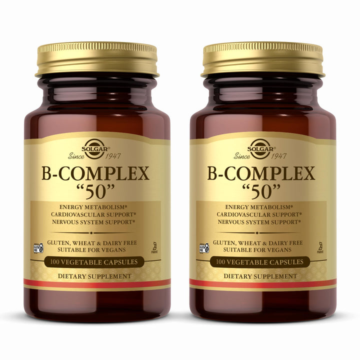 Solgar B-Complex “50” - 100 Vegetable Capsules, Pack of 2 - Energy Metabolism & Nervous System Support - Non-GMO, Vegan, Gluten Free - 200 Total Servings
