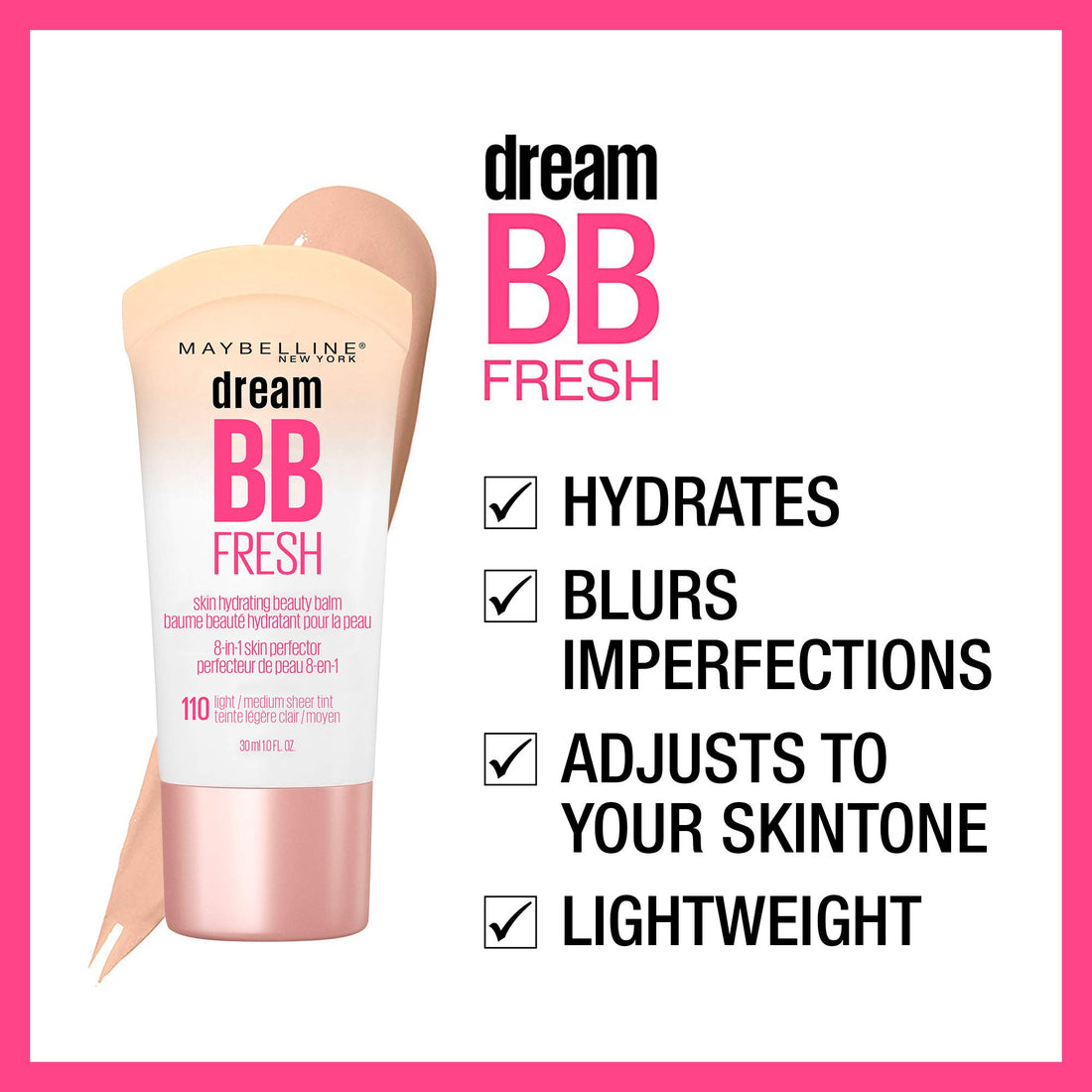 Maybelline Dream Fresh Skin Hydrating BB cream, 8-in-1 Skin Perfecting Beauty Balm with Broad Spectrum SPF 30, Sheer Tint Coverage, Oil-Free, Medium, 1 Fl Oz