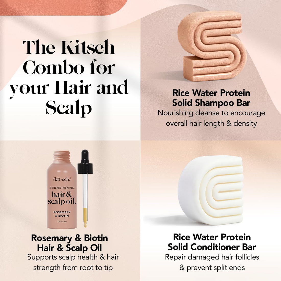 Kitsch Rice Shampoo & Conditioner Bar, Pre-Wash Scalp Serum - Rice Water for Strengthening Hair, Rosemary for Healthy Scalp, Paraben-Free 3pc Set