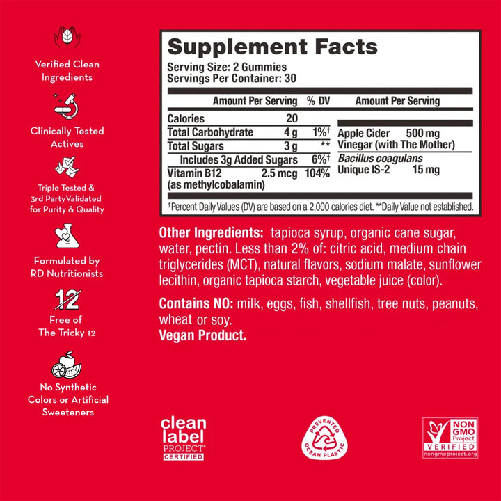 HUM Pro ACV Gummies -100% Organic Apple Cider Vinegar with The Mother, Probiotics for Digestive Health & B12 for Metabolism Support (60 Count)