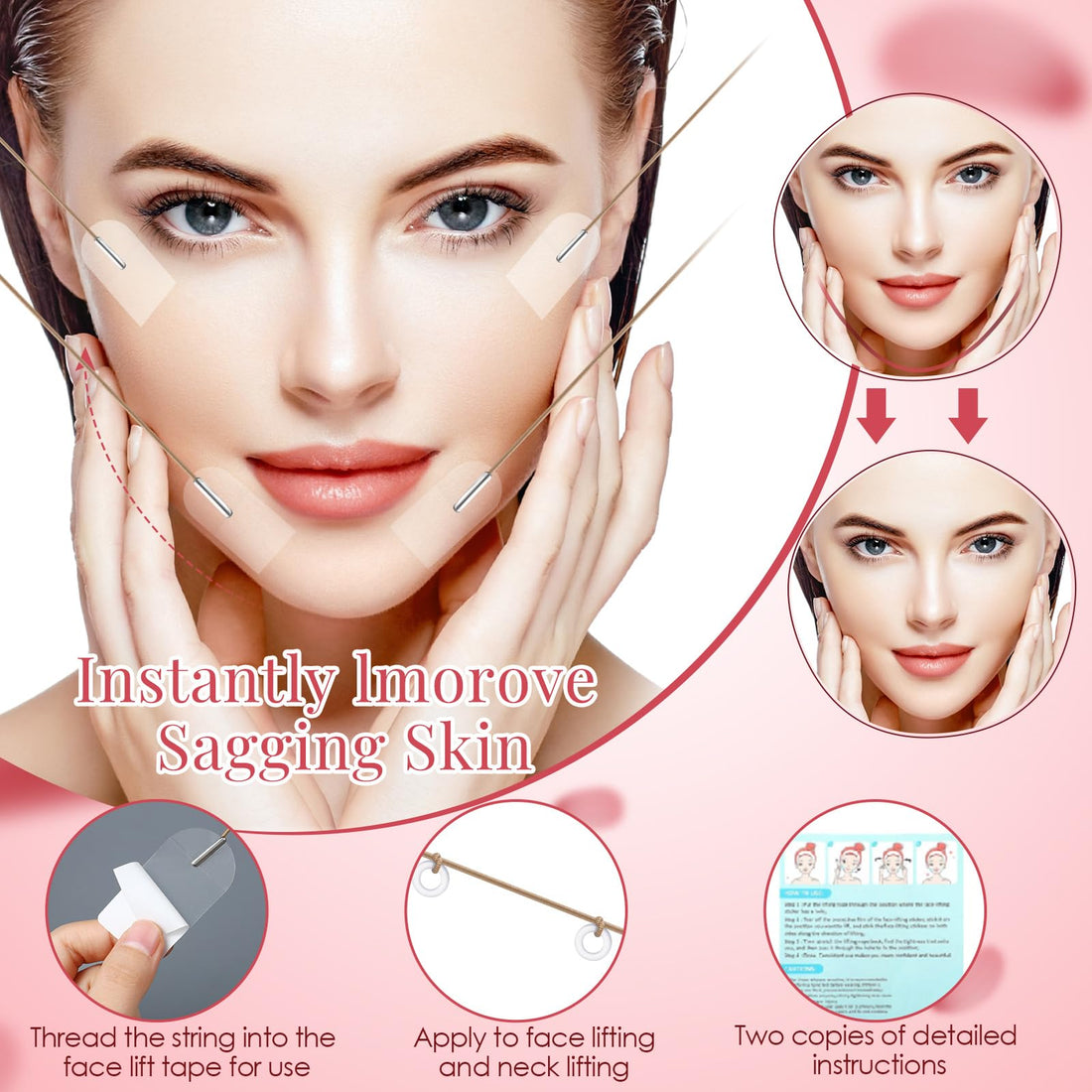 Siifert 260 Pcs Face Lift Tape, Face Lift Tape Invisible with 8 Pcs Lifting Cord Kit, Face Lifting Tape Patches for Lifting Facial Wrinkles Double Chin Neck Jowls Eyes, Comes with 200 Cleaning Swabs