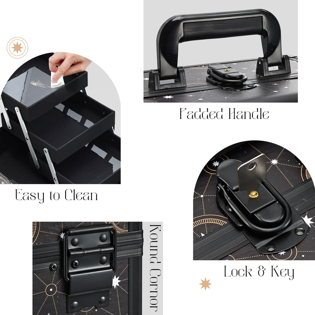 Joligrace Makeup Train Case Cosmetic Organizer Box Lockable with 3 Trays and a Brush Holder Pattern Collection - Star Chart