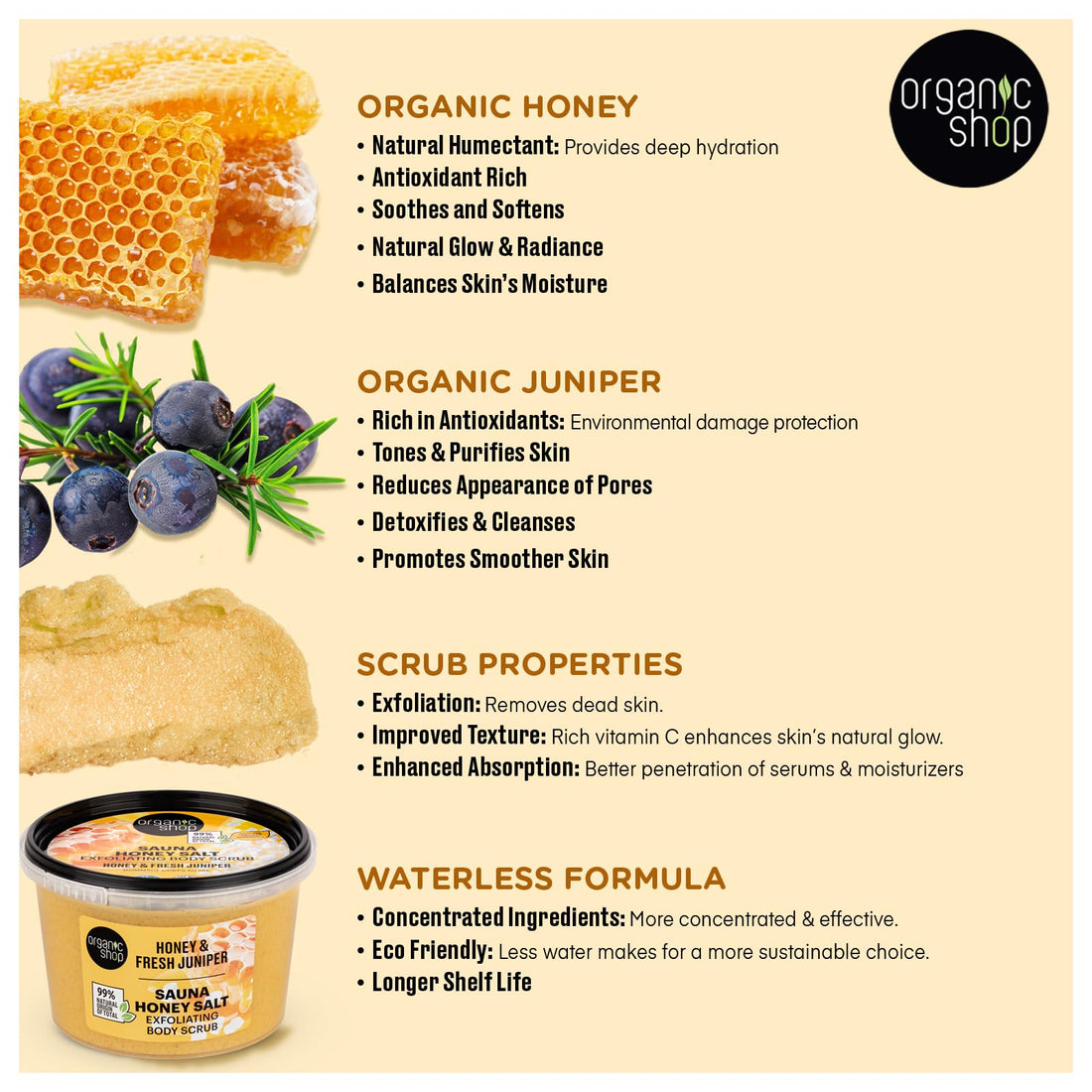 Organic Shop Honey Salt & Juniper Hydrating & Exfoliating Body Scrub, 100% Vegan & Organic, Daily Exfoliant, Detox & Moisturizer, Body, Face, Hand & Foot, Intensive Care & Skin Toning. 250ml