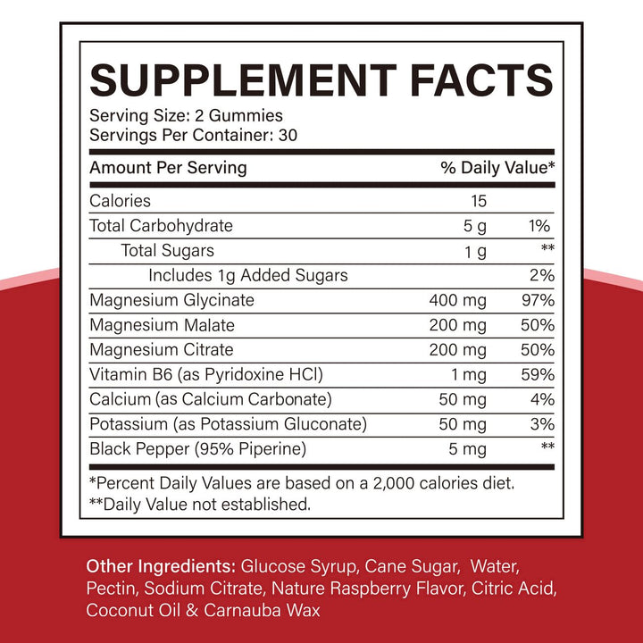 Triple Magnesium Complex 900 mg, Magnesium Glycinate, Citrate, Malate with Potassium, Calcium, Vitamin B6 for Calm & Sleep - Vegan, Non-GMO, Gluten Free - 60 Raspberry Gummies for Adults