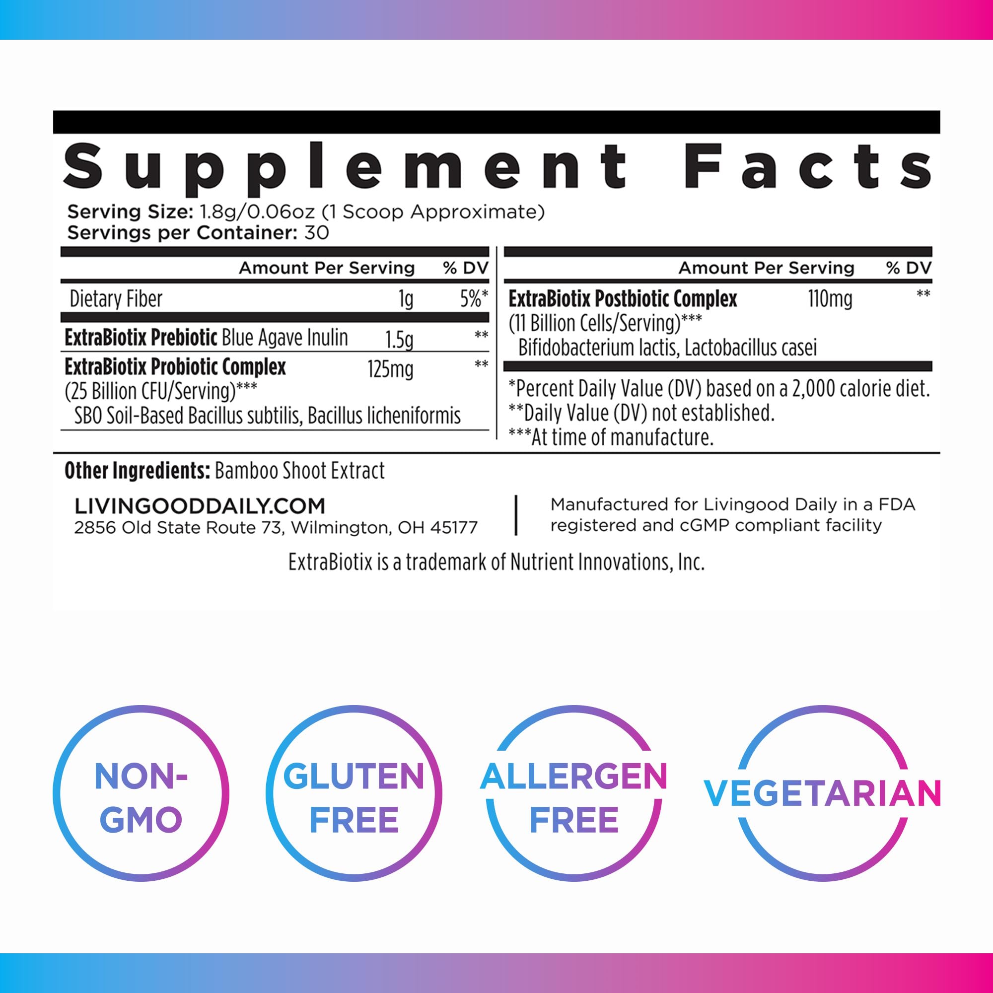 Livingood Daily Pre Pro Post Biotics Blend Powder - Probiotics for Women & Men - Prebiotics from Blue Agave & SBO Probiotics - Digestive Health Supplement Supports Gut Health - Non-GMO, 30 Servings