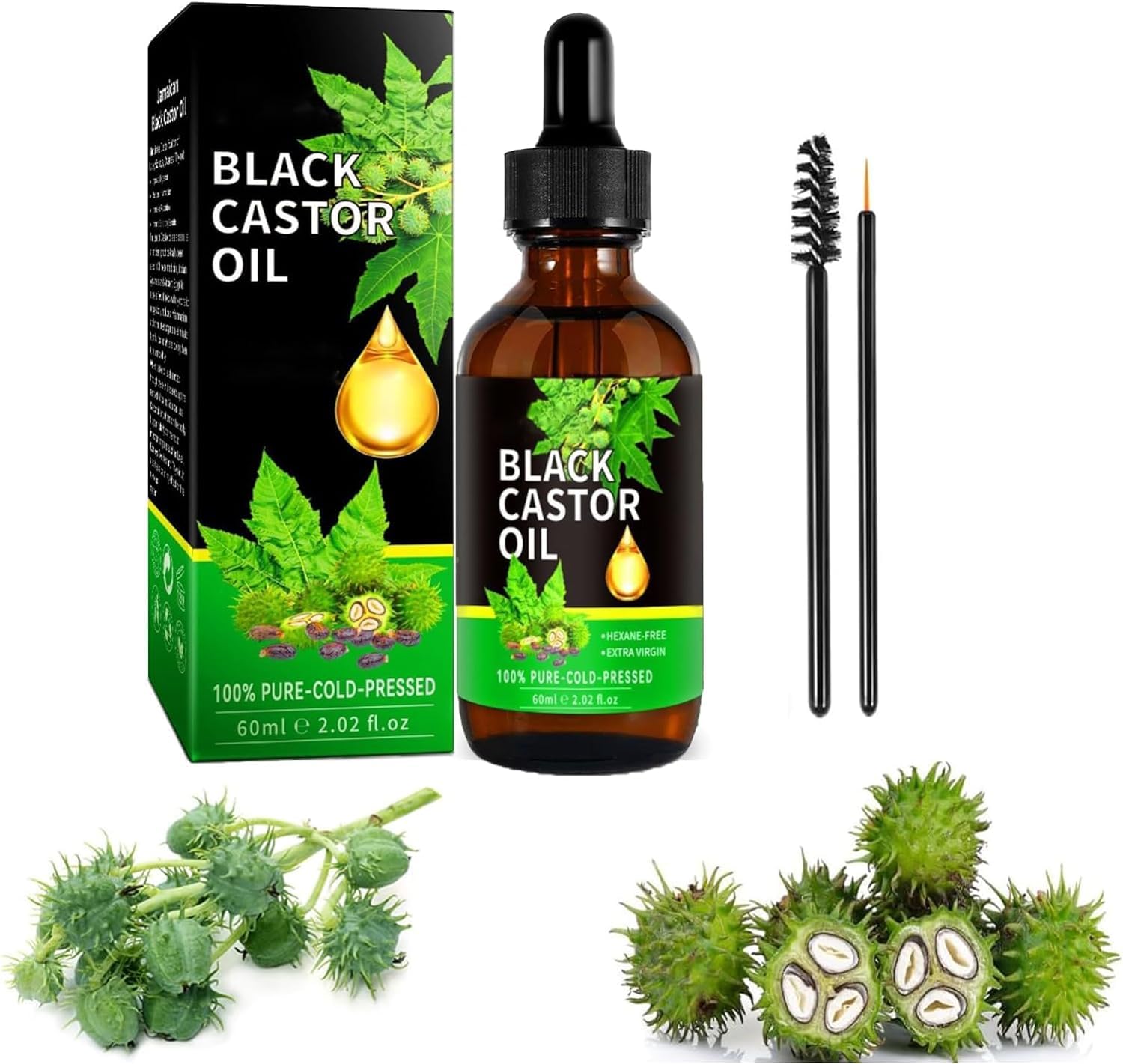 Aceite de Ricino y Castor Orgánico Puro para Crecimiento del Cabello, Pestañas, Cejas y Vello de Mujeres y Hombres - 60ml/2.0 Fl Oz