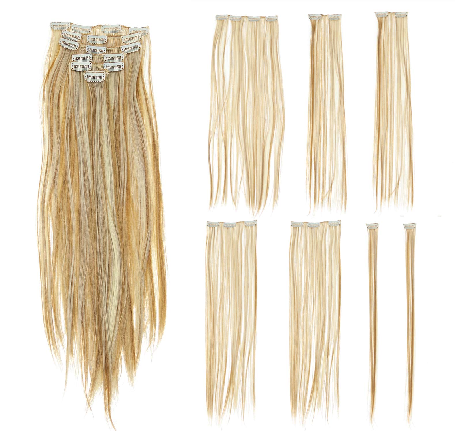 SWACC Women 22 Inches Straight Full Head 7 Separate Pieces Heat Resistance Synthetic Hair Clip in Hair Extensions (Strawberry Blonde/Bleach Blonde Highlights-27H613)