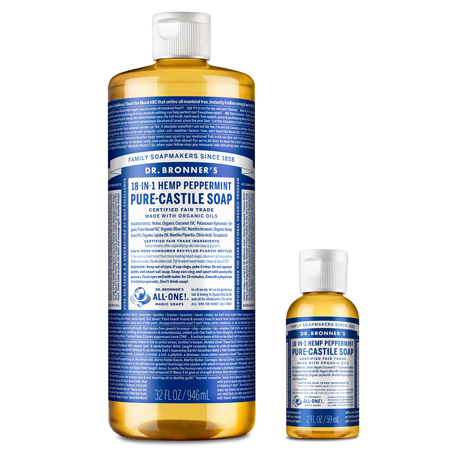 Dr. Bronnerââ‚¬â„¢s - Pure-Castile Liquid Soap (Peppermint, 32 ounce and 2oz bundle) - Made with Organic Oils, 18-in-1 Uses: Face, Body, Hair, Laundry, Pets and Dishes, Concentrated, Vegan, Non-GMO